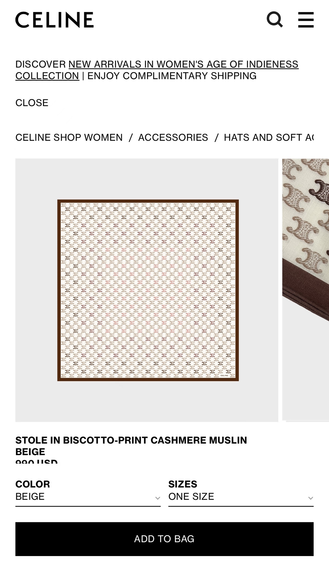 Streetwear Scarf CELINE 328774 SIZE:100x100cm - vstockx