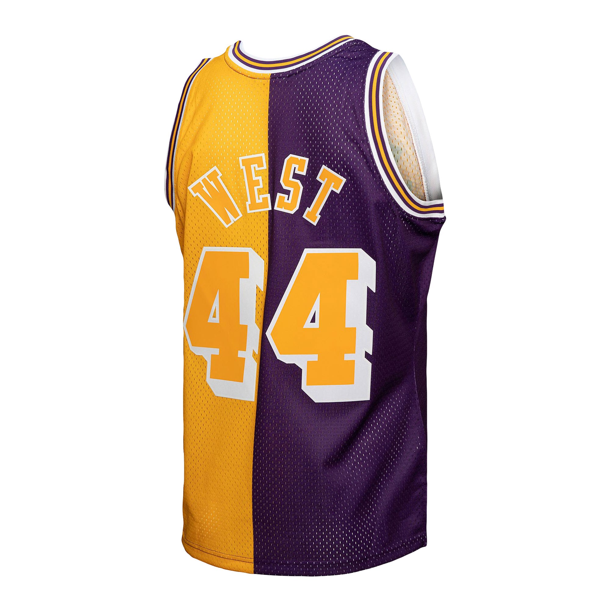 Jerry West Los Angeles Lakers Mitchell & Ness Hardwood Classics 1971/72 Split Swingman Jersey - Purple/Gold - vstockx
