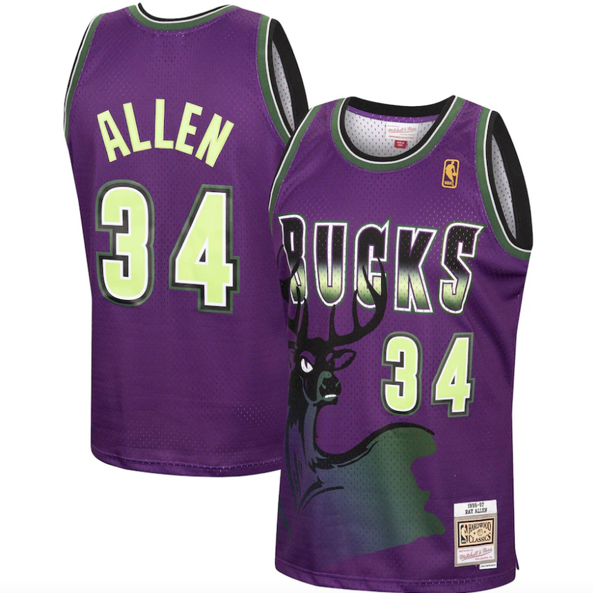 Men's Ray Allen Milwaukee Bucks Mitchell & Ness 1996-97 Hardwood Classics Reload Swingman Jersey - Purple - vstockx