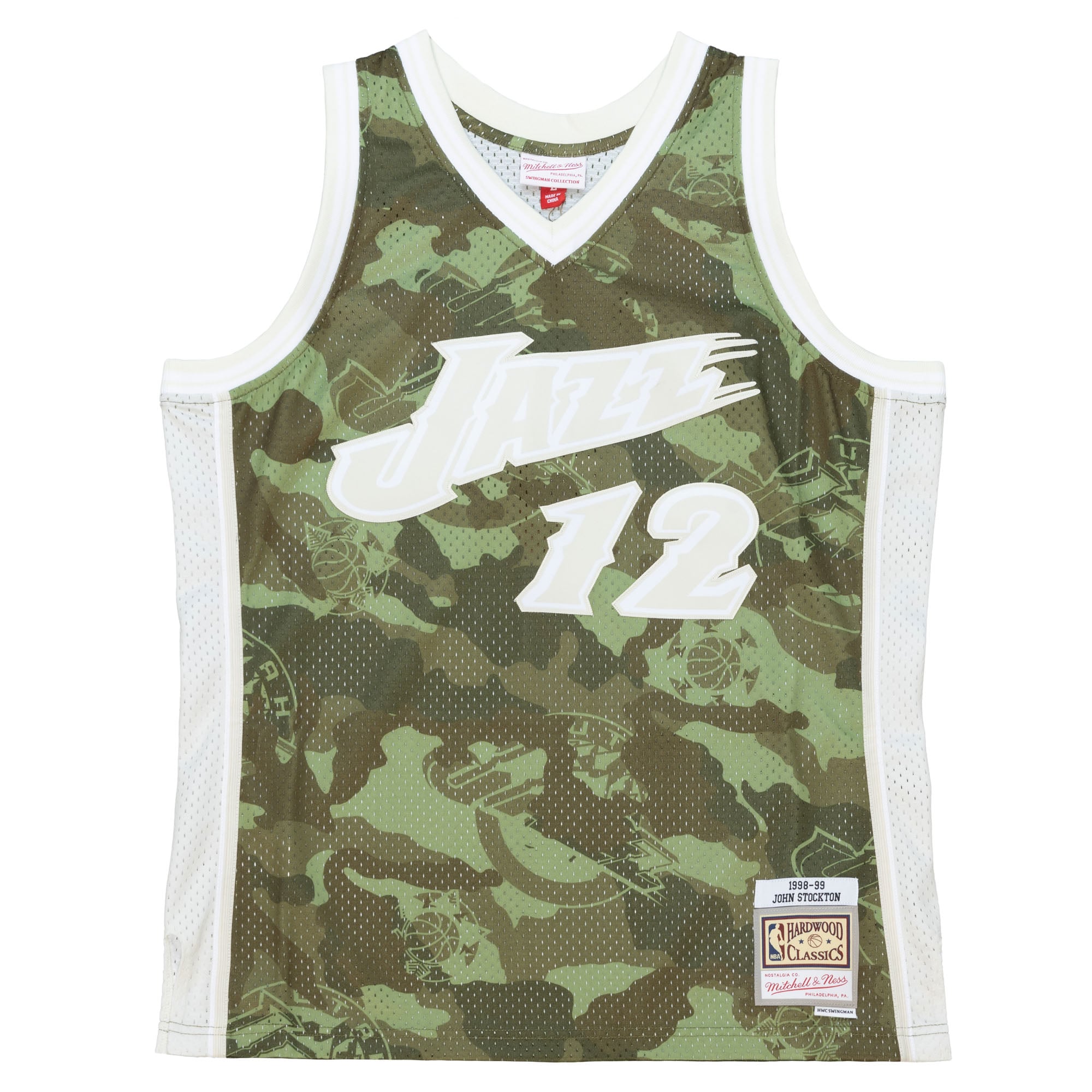 John Stockton Utah Jazz Mitchell & Ness Hardwood Classics 1998/99 Ghost Green Swingman Jersey - Camo - vstockx