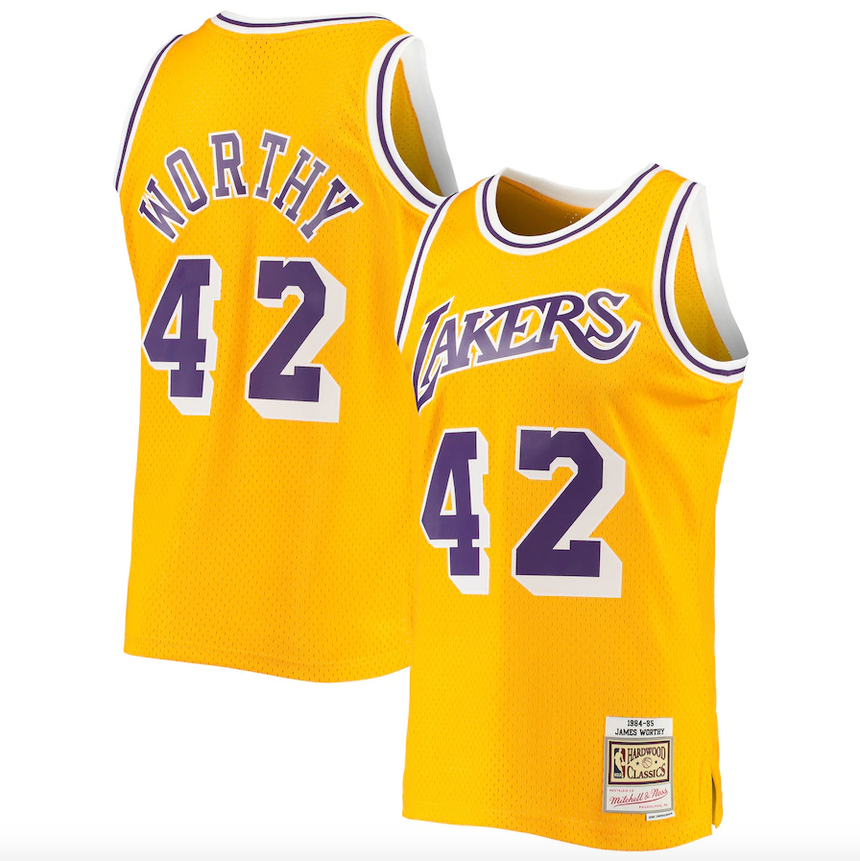 Men's Los Angeles Lakers James Worthy Mitchell & Ness Gold 1984-85 Hardwood Classics Swingman Jersey - vstockx