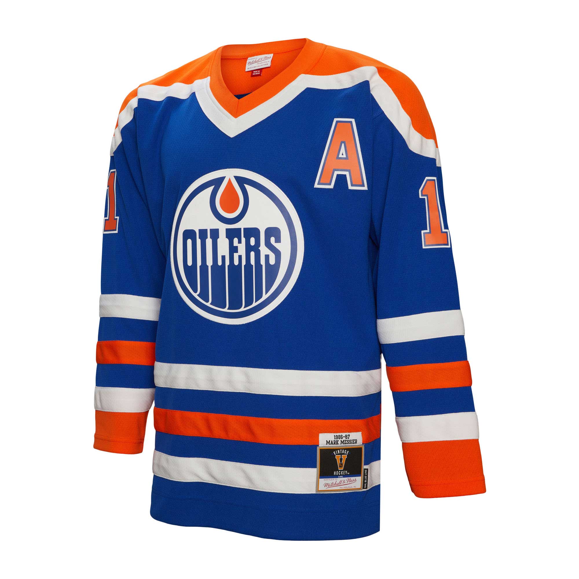 Mark Messier Edmonton Oilers Mitchell & Ness 1986/87 Alternate Captain Patch Blue Line Player Jersey - Royal - vstockx