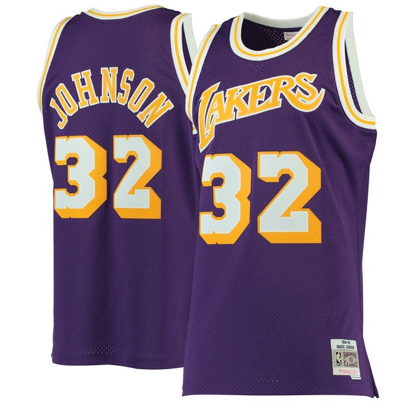 Men's Los Angeles Lakers Magic Johnson Mitchell & Ness Purple 1984-85 Hardwood Classics Swingman Jersey - vstockx