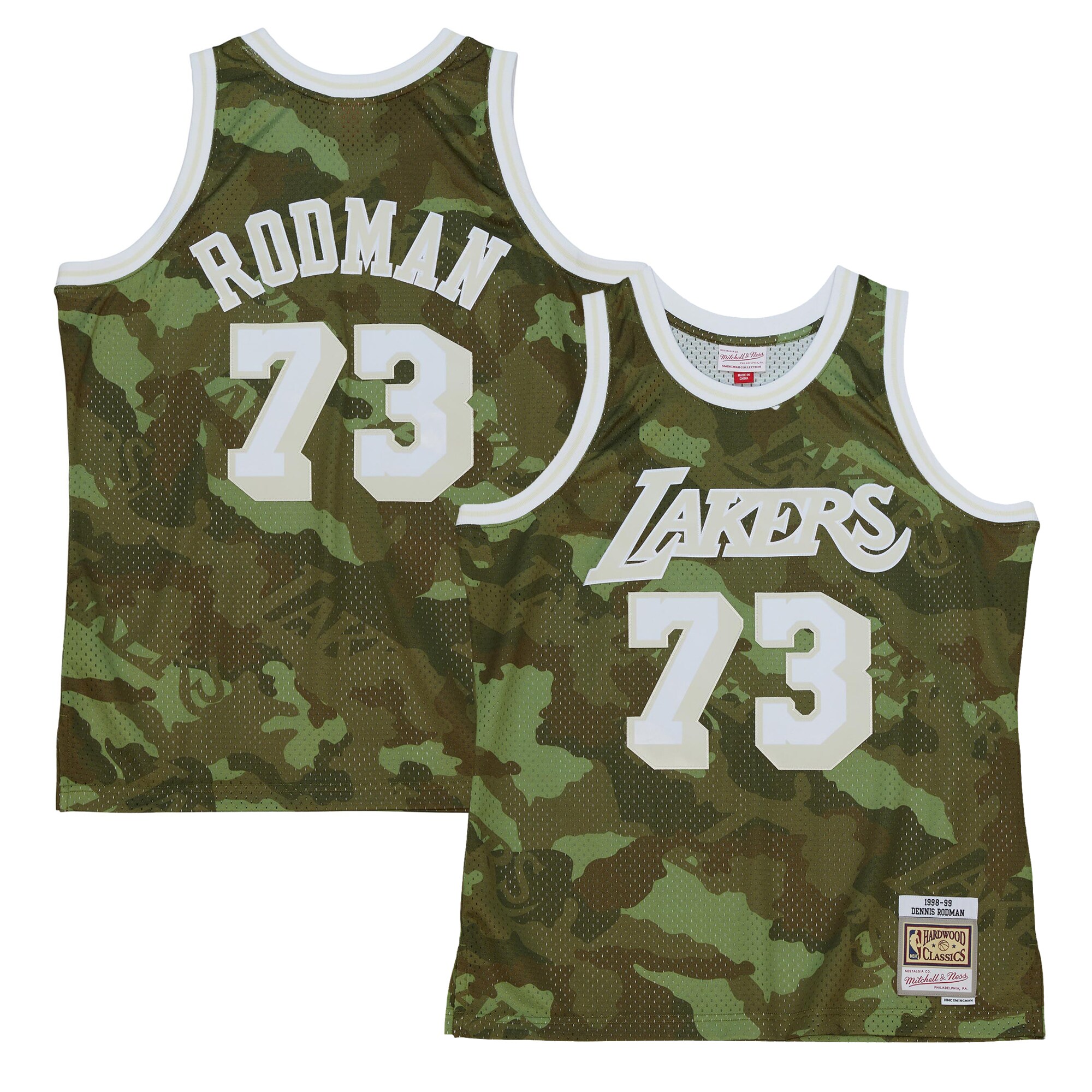 Dennis Rodman Los Angeles Lakers Mitchell & Ness Hardwood Classics 1998/99 Ghost Green Swingman Jersey - Camo - vstockx