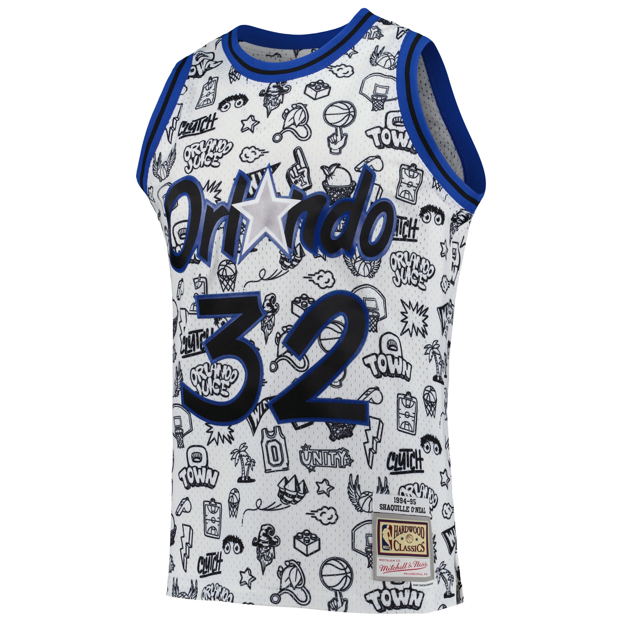 Shaquille O'Neal Orlando Magic Mitchell & Ness 1994/95 Hardwood Classics Doodle Swingman Player Jersey - White - vstockx