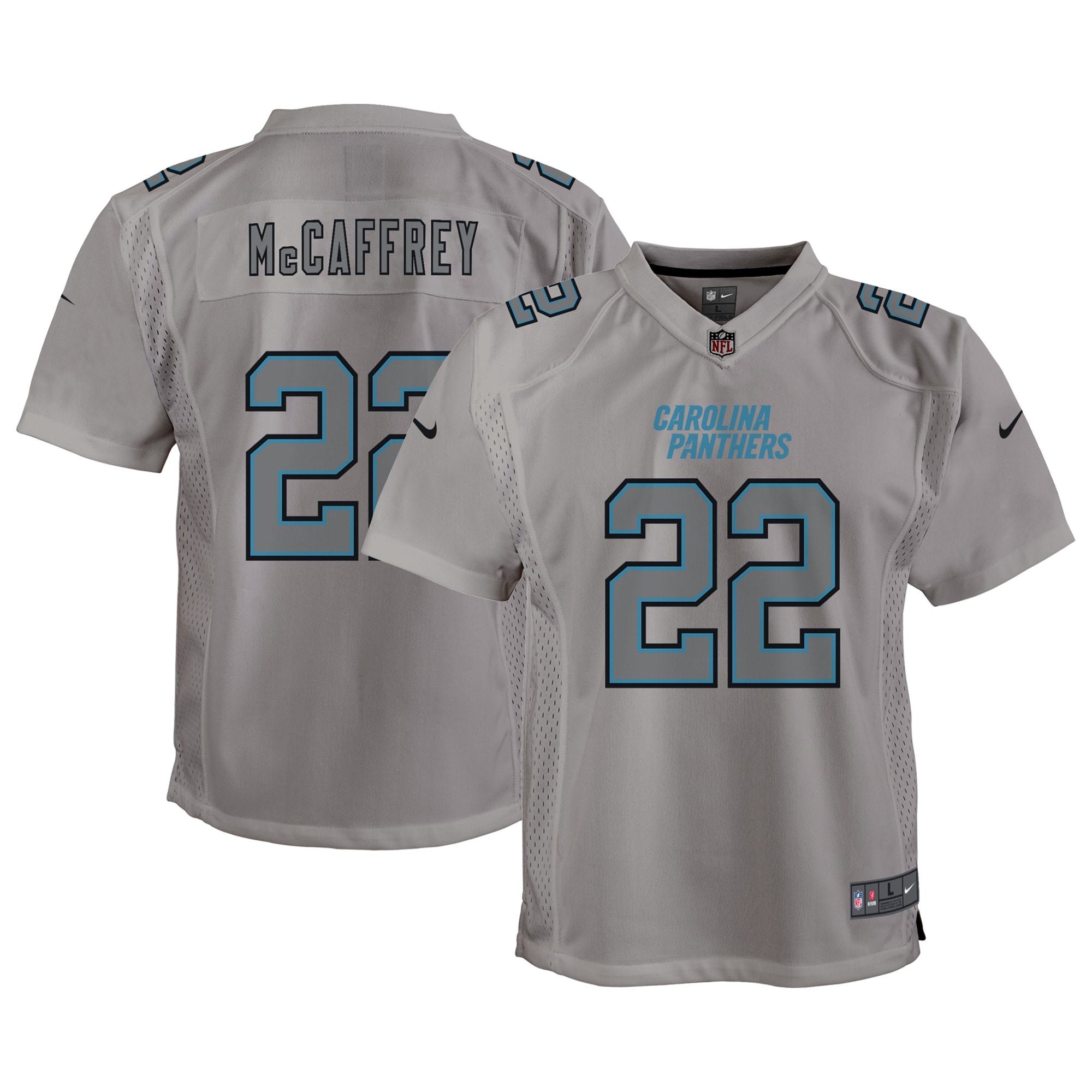 Christian McCaffrey Carolina Panthers Nike Youth Atmosphere Game Jersey - Gray - vstockx