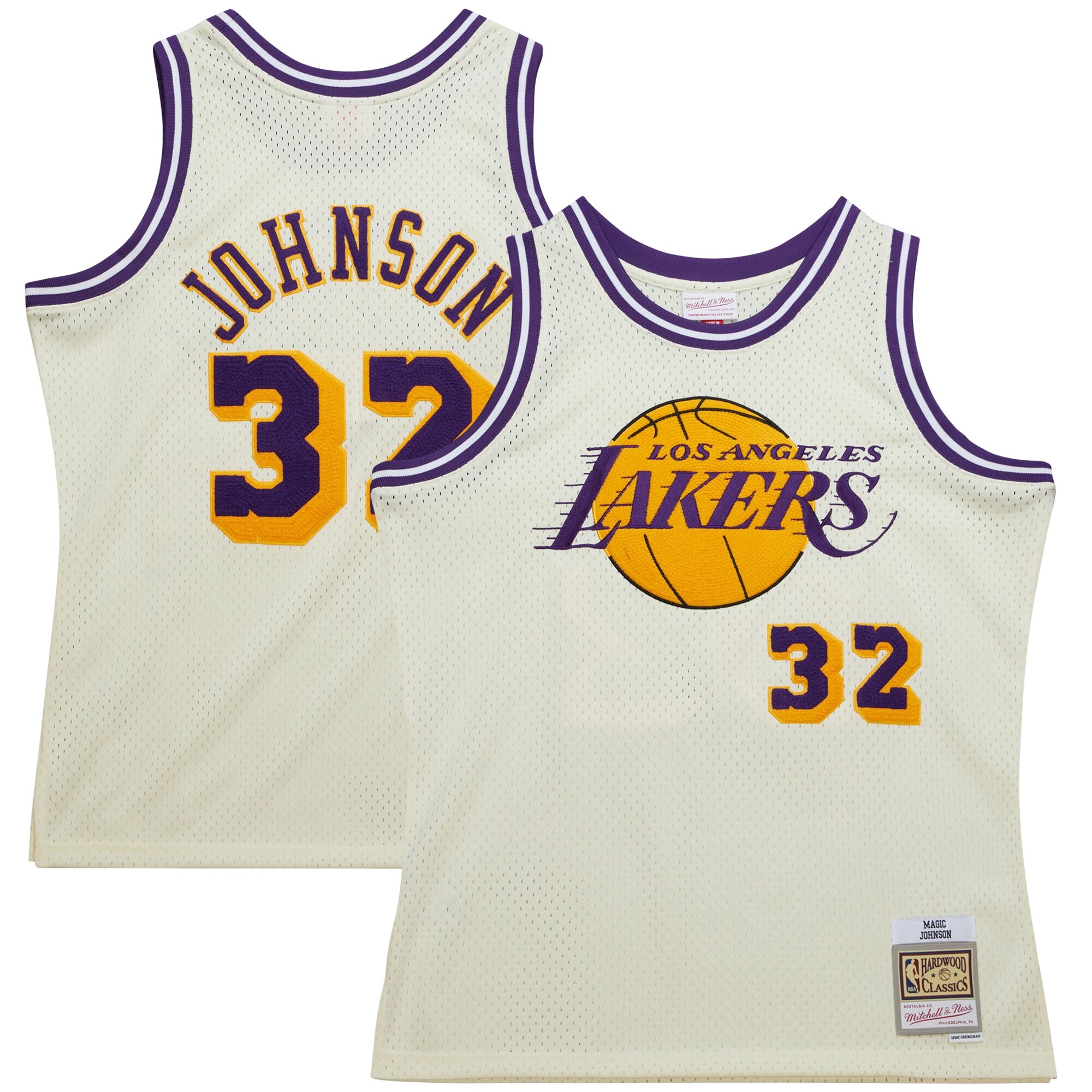 Magic Johnson Los Angeles Lakers Mitchell & Ness Chainstitch Swingman Jersey - Cream - vstockx
