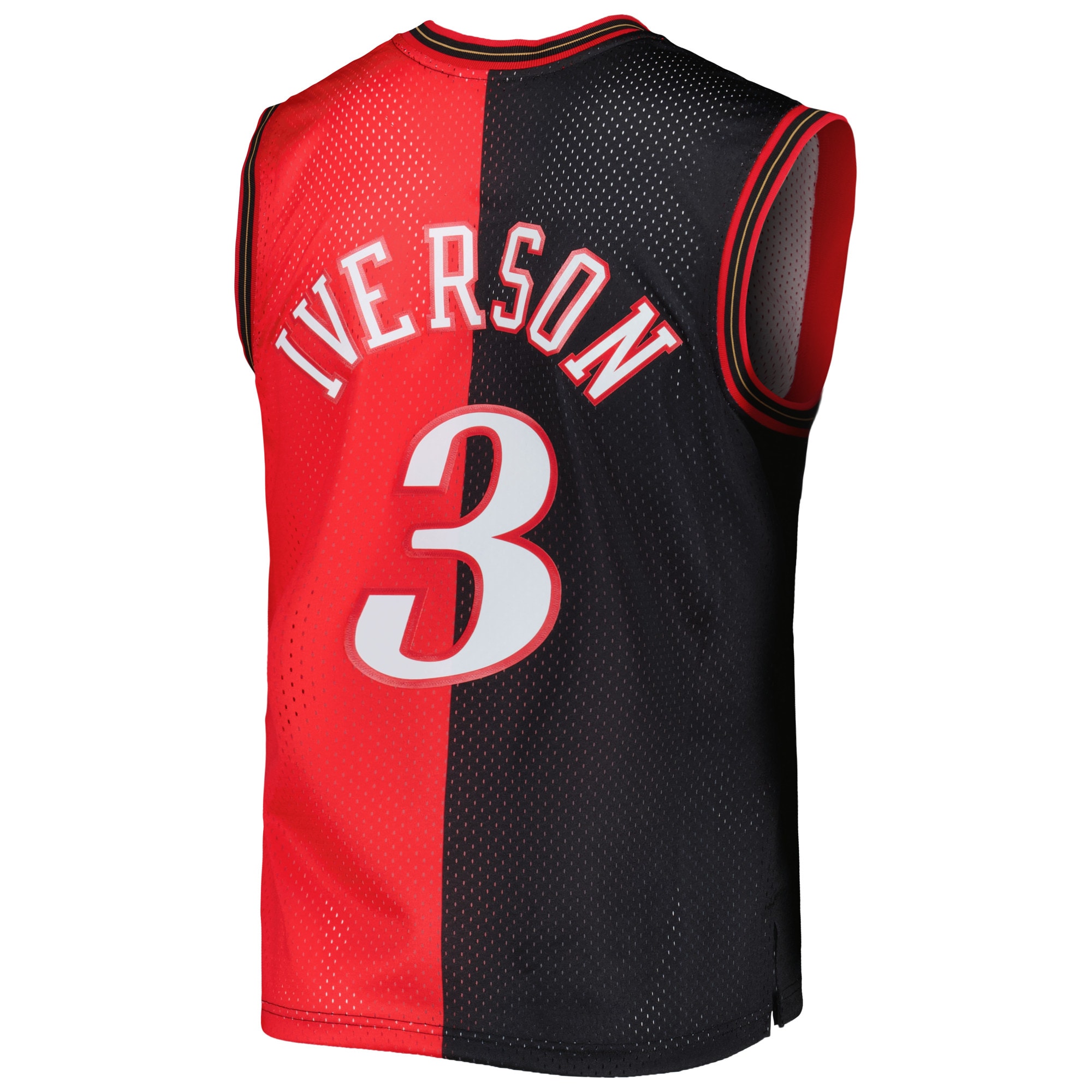 Allen Iverson Philadelphia 76ers Mitchell & Ness Hardwood Classics 2000/01 Split Swingman Jersey - Black/Red - vstockx