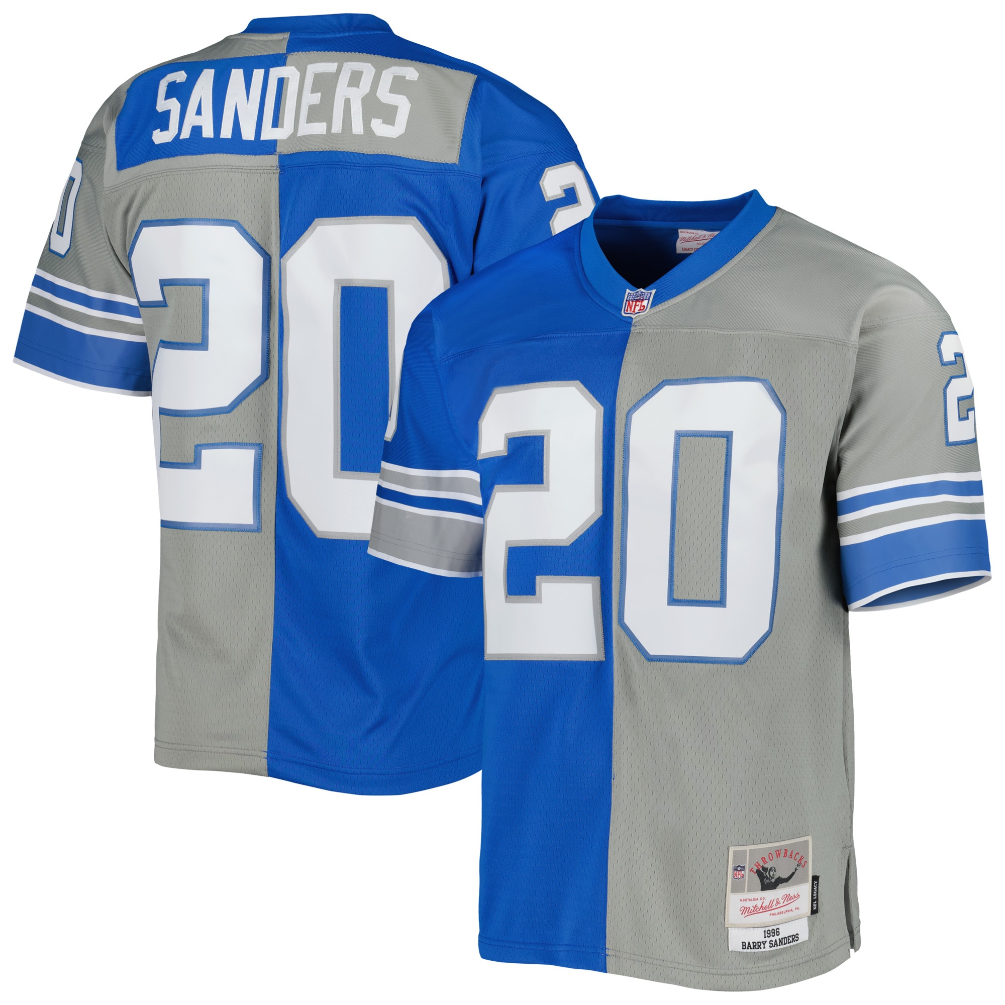 Barry Sanders Detroit Lions Mitchell & Ness 1996 Split Legacy Replica Jersey - Silver/Blue - vstockx