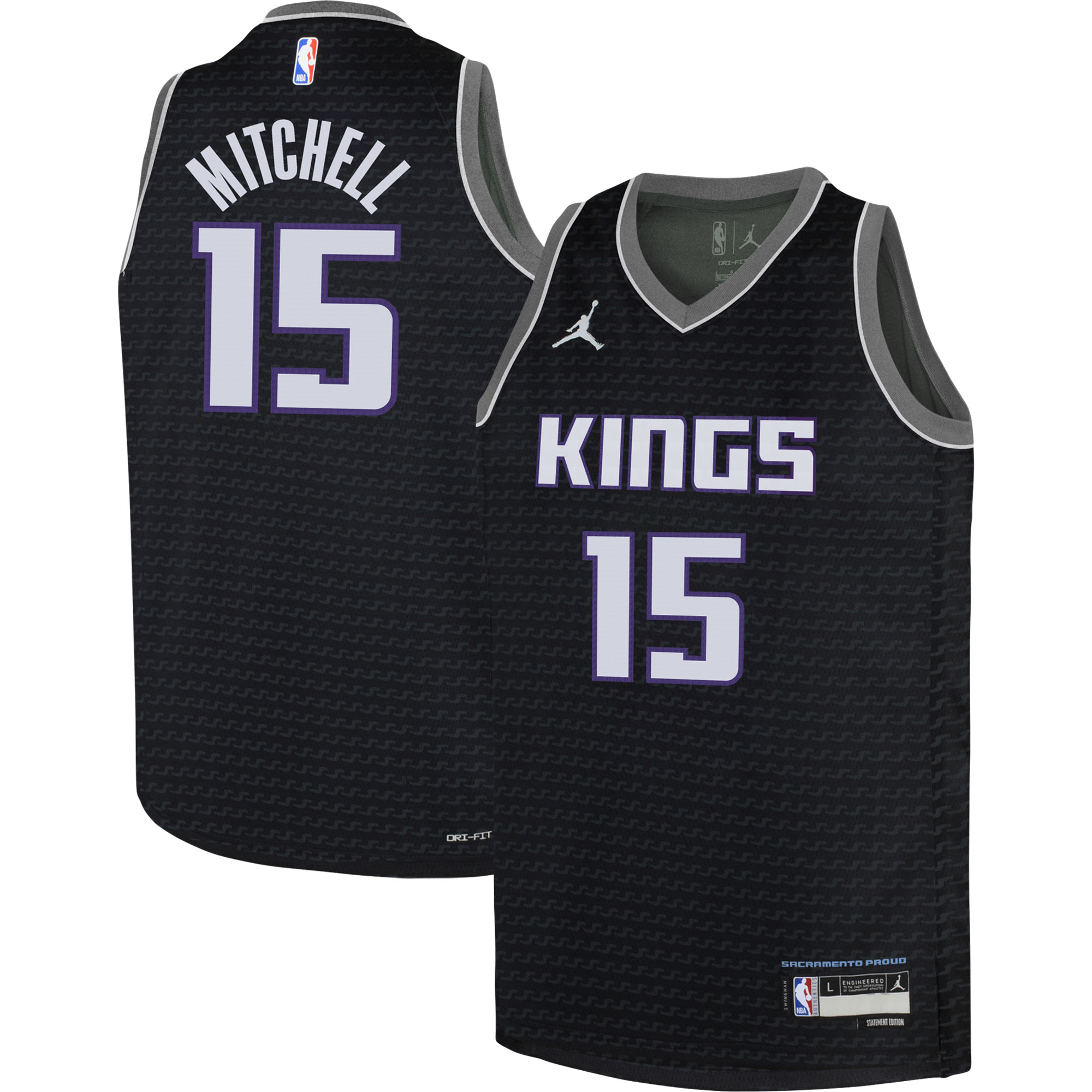 Davion Mitchell Sacramento Kings Jordans Brand Youth Swingman Jersey - Statement Edition - Black - vstockx