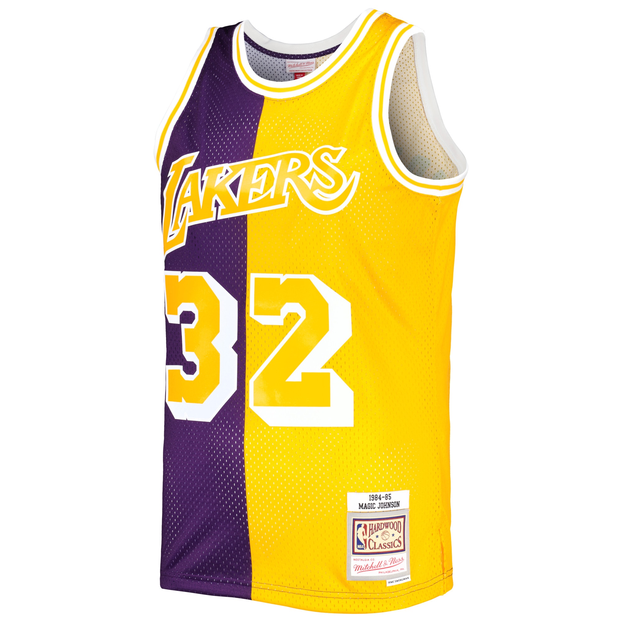 Magic Johnson Los Angeles Lakers Mitchell & Ness Hardwood Classics 1984/85 Split Swingman Jersey - Purple/Gold - vstockx
