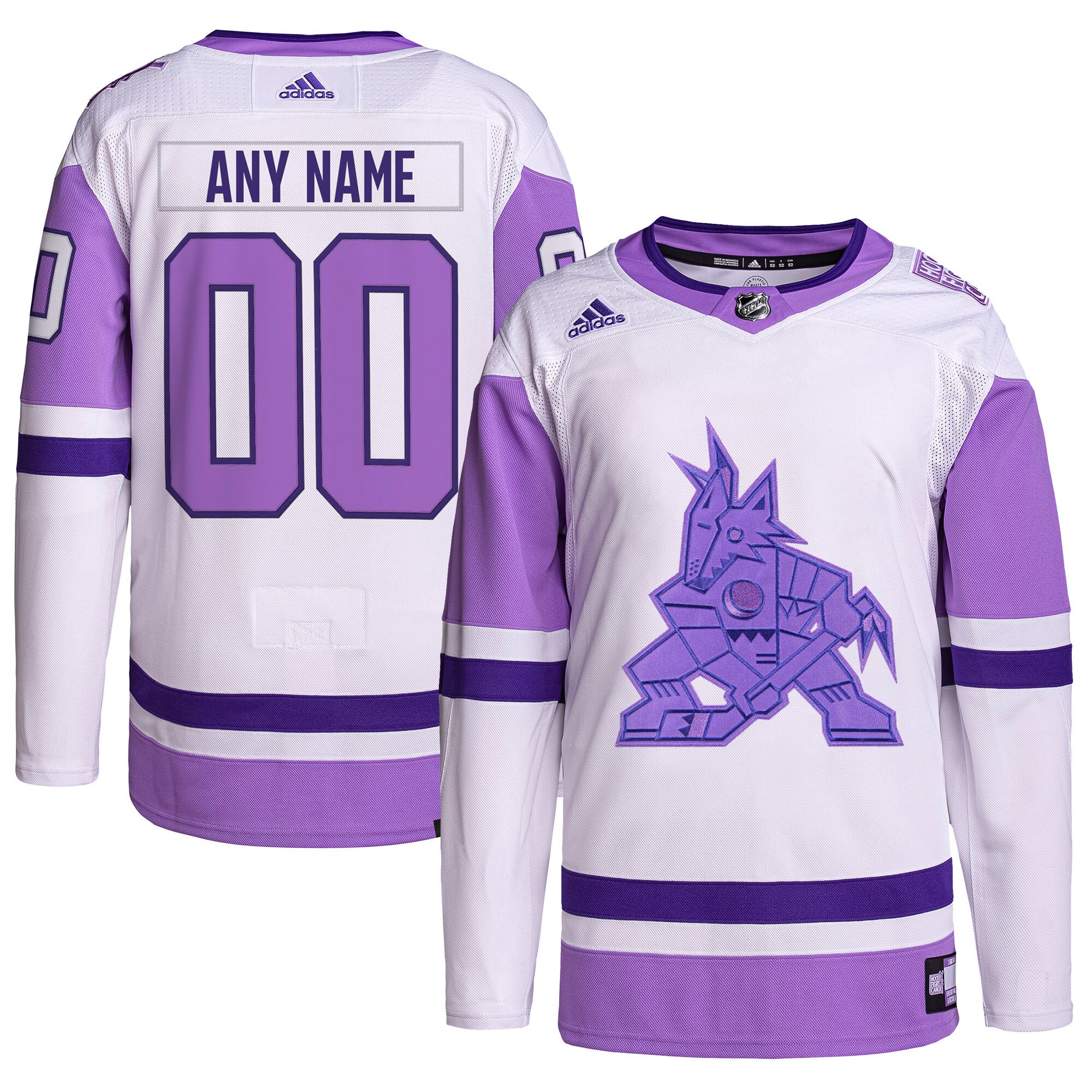 Arizona Coyotes adidas Hockey Fights Cancer Primegreen Authentic Custom Jersey - White/Purple - vstockx