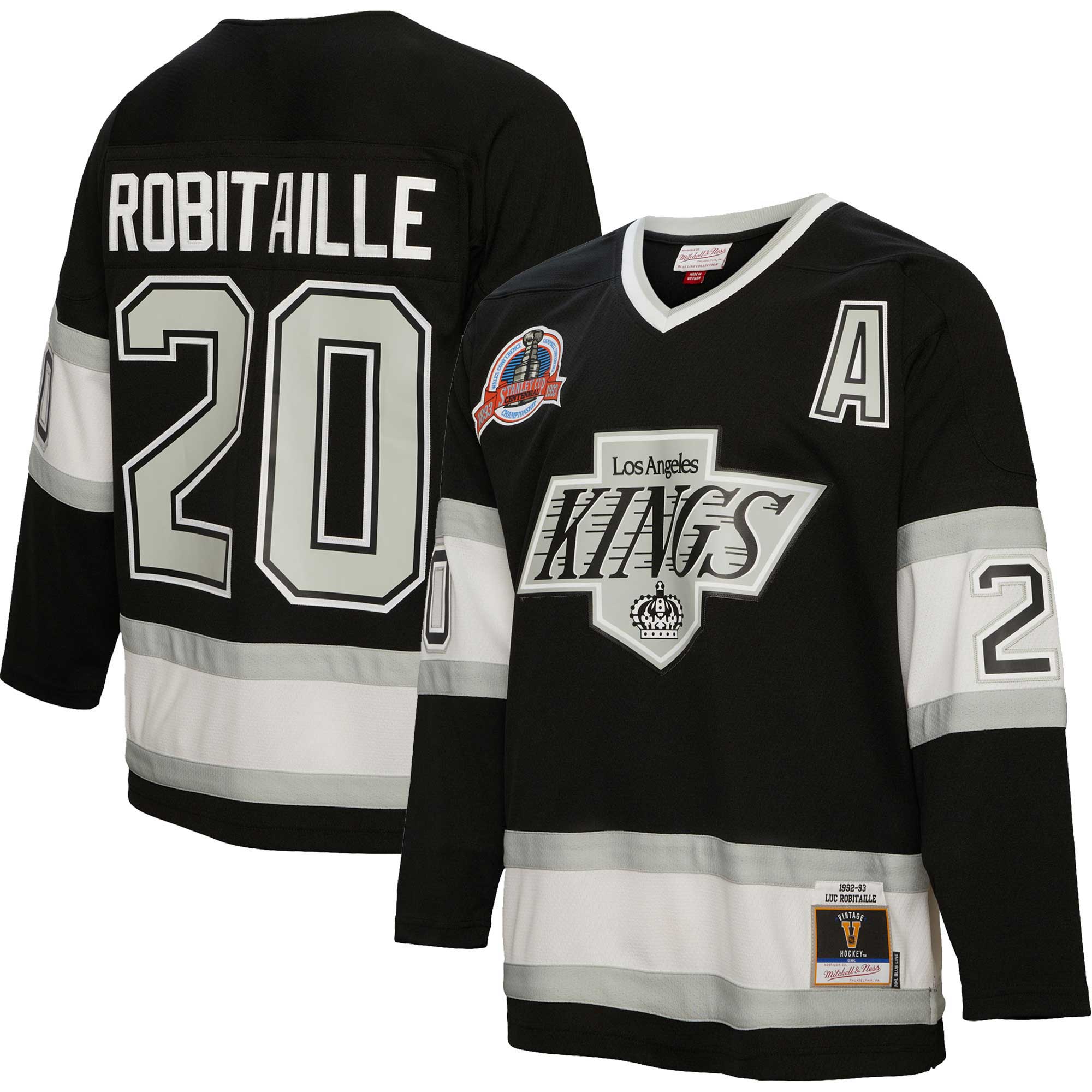 Luc Robitaille Los Angeles Kings Mitchell & Ness 1992/93 Alternate Captain Patch Blue Line Player Jersey - Black - vstockx