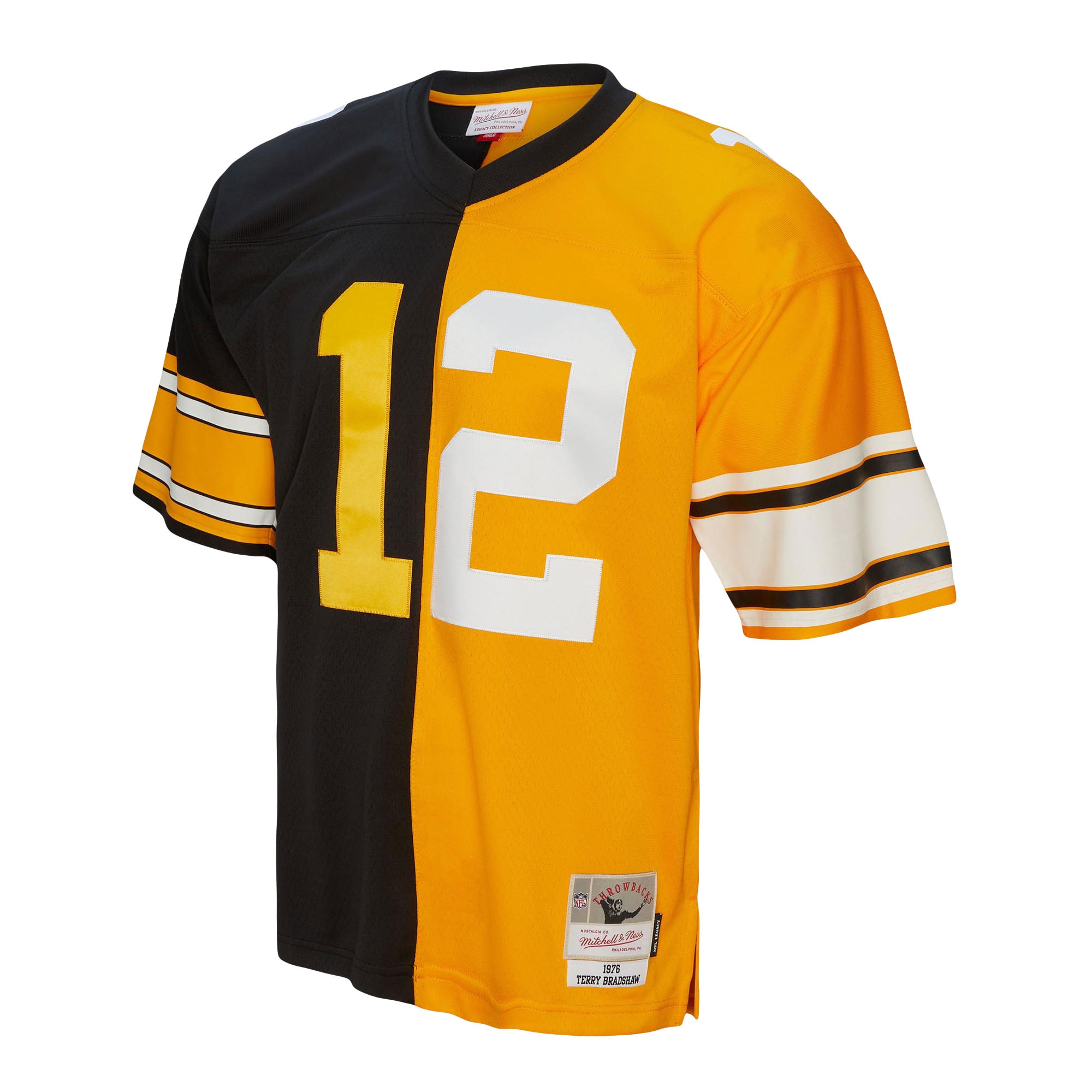 Terry Bradshaw Pittsburgh Steelers Mitchell & Ness 1976 Split Legacy Replica Jersey - Black/Gold - vstockx