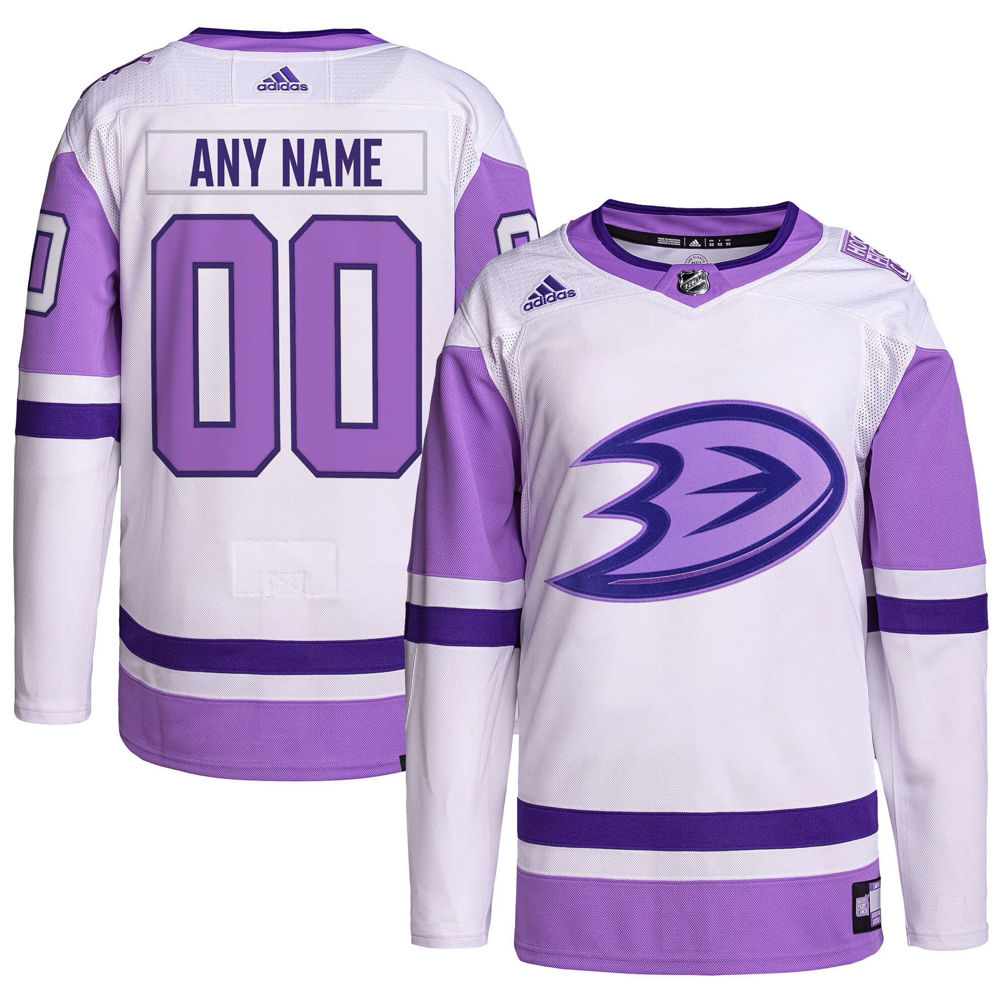 Anaheim Ducks adidas Hockey Fights Cancer Primegreen Authentic Custom Jersey - White/Purple - vstockx