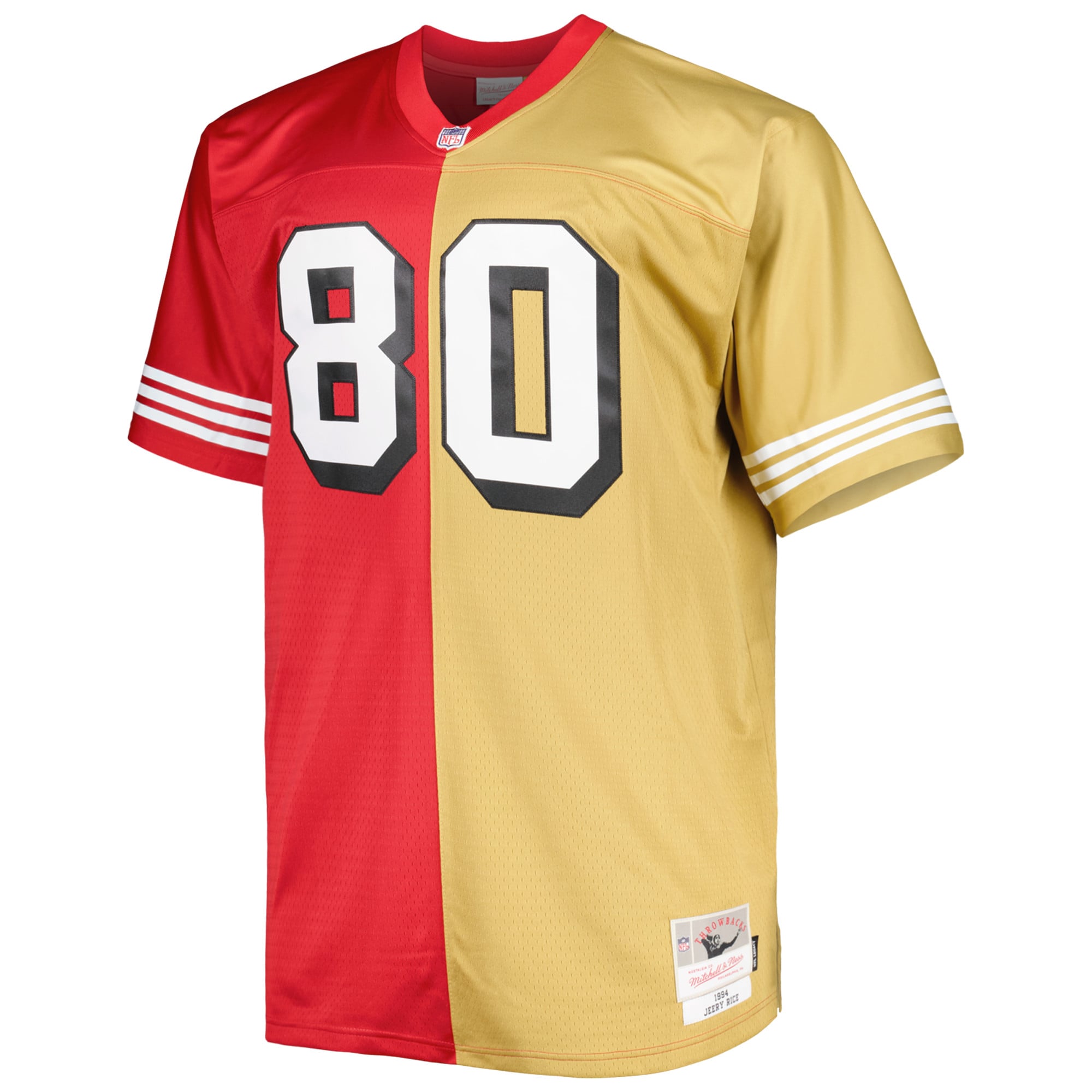 Jerry Rice San Francisco 49ers Mitchell & Ness Big & Tall Split Legacy Retired Player Replica Jersey - Scarlet/Gold - vstockx