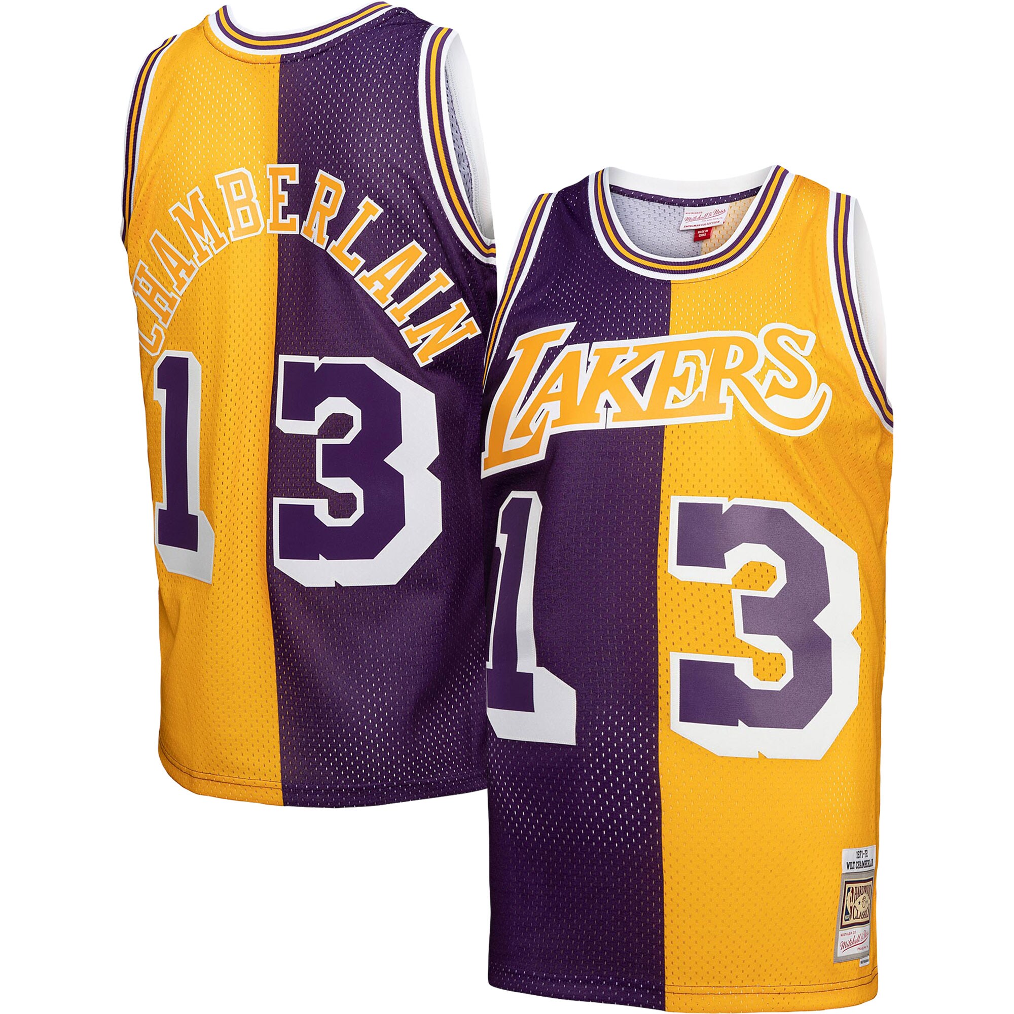 Wilt Chamberlain Los Angeles Lakers Mitchell & Ness Hardwood Classics 1971/72 Split Swingman Jersey - Purple/Gold - vstockx