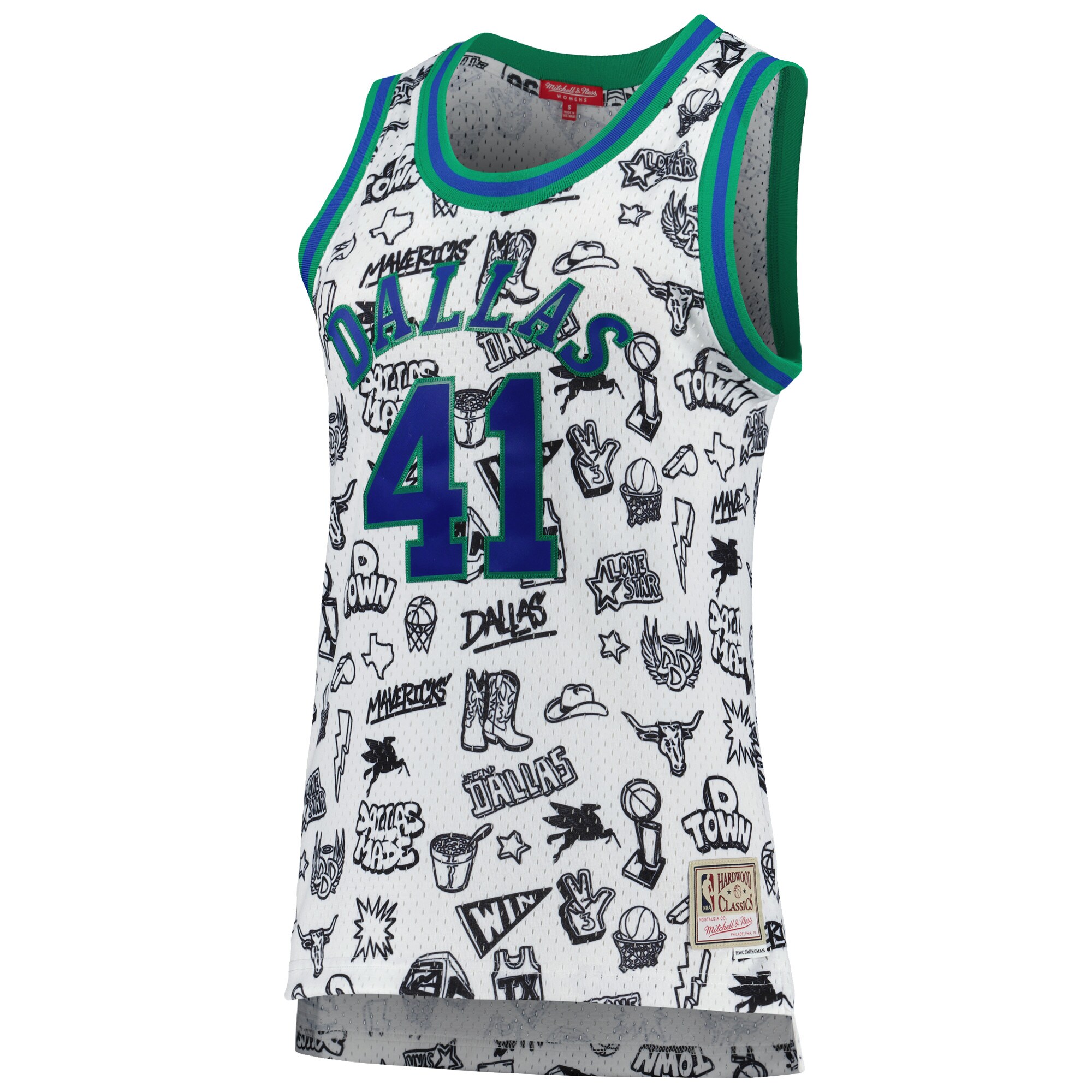 Dirk Nowitzki Dallas Mavericks Mitchell & Ness Women's 1998 Doodle Swingman Jersey - White - vstockx