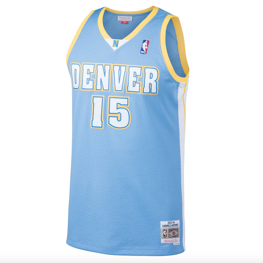 Men's Denver Nuggets Carmelo Anthony Mitchell & Ness Light Blue 2003-04 Hardwood Classics Swingman Jersey - vstockx