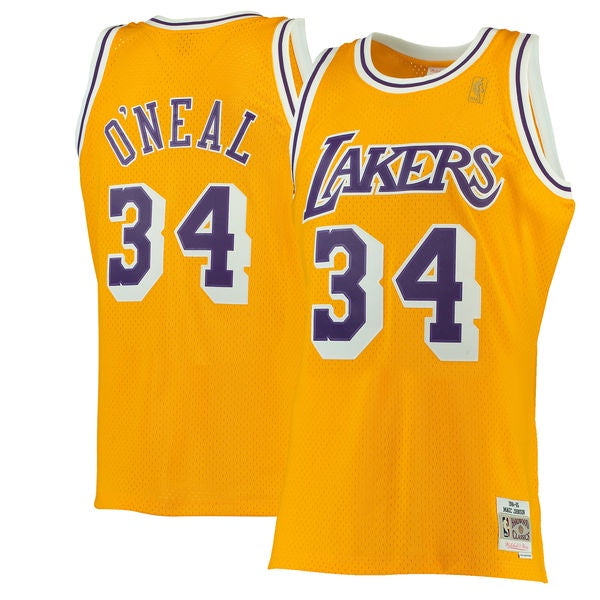 Men's Los Angeles Lakers Shaquille O'Neal Mitchell & Ness Gold 1996-97 Hardwood Classics Swingman Jersey - vstockx