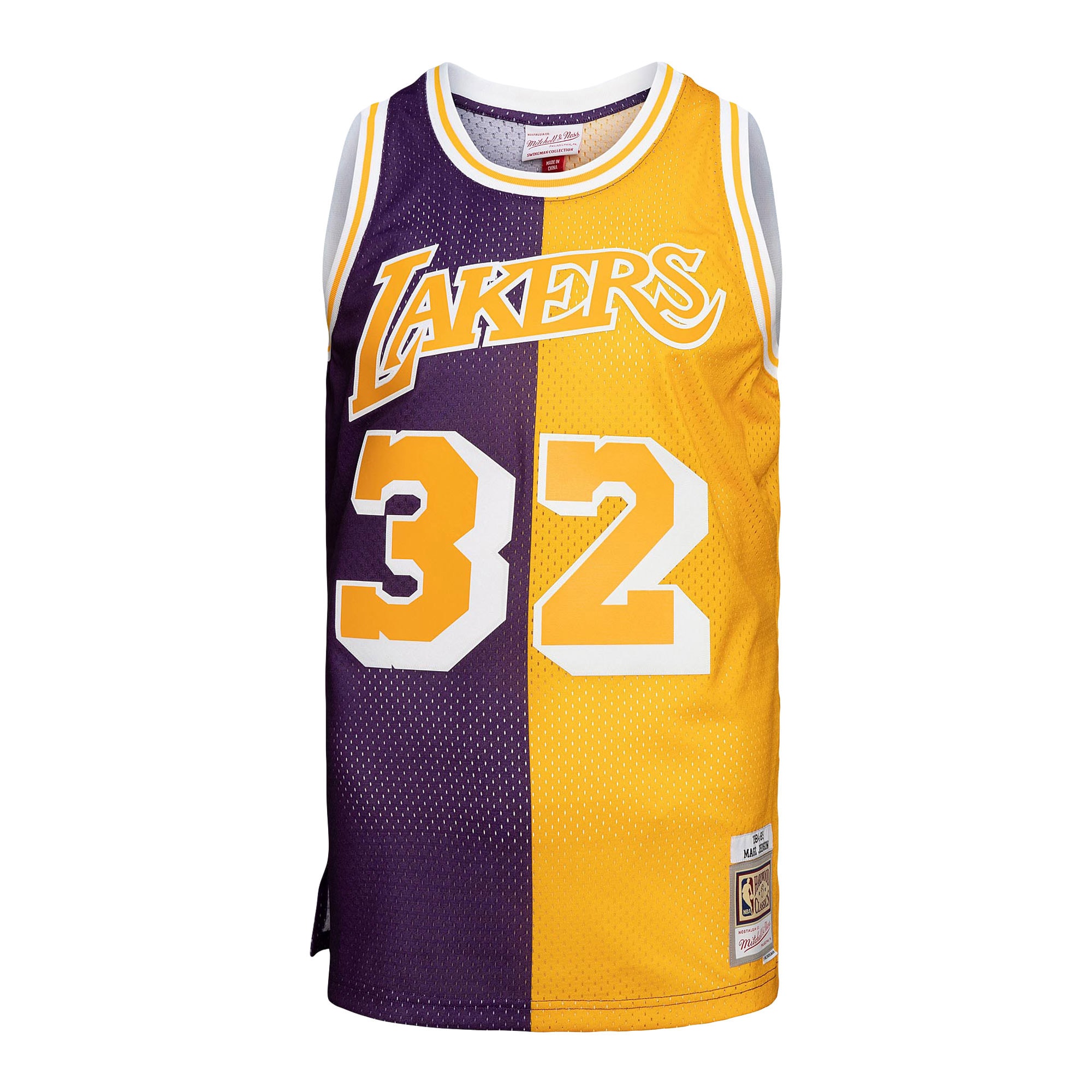 Magic Johnson Los Angeles Lakers Mitchell & Ness Big & Tall Hardwood Classics 1984/85 Split Swingman Jersey - Purple/Gold - vstockx