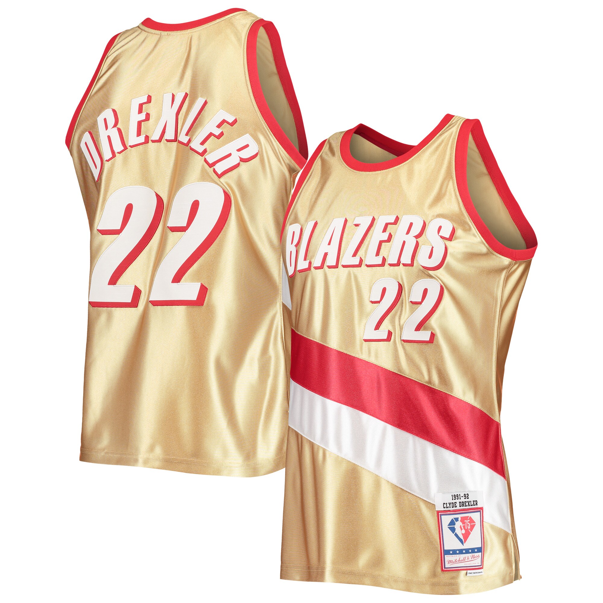 Clyde Drexler Portland Trail Blazers Mitchell & Ness 75th Anniversary 1991/92 Hardwood Classics Swingman Jersey - Gold - vstockx