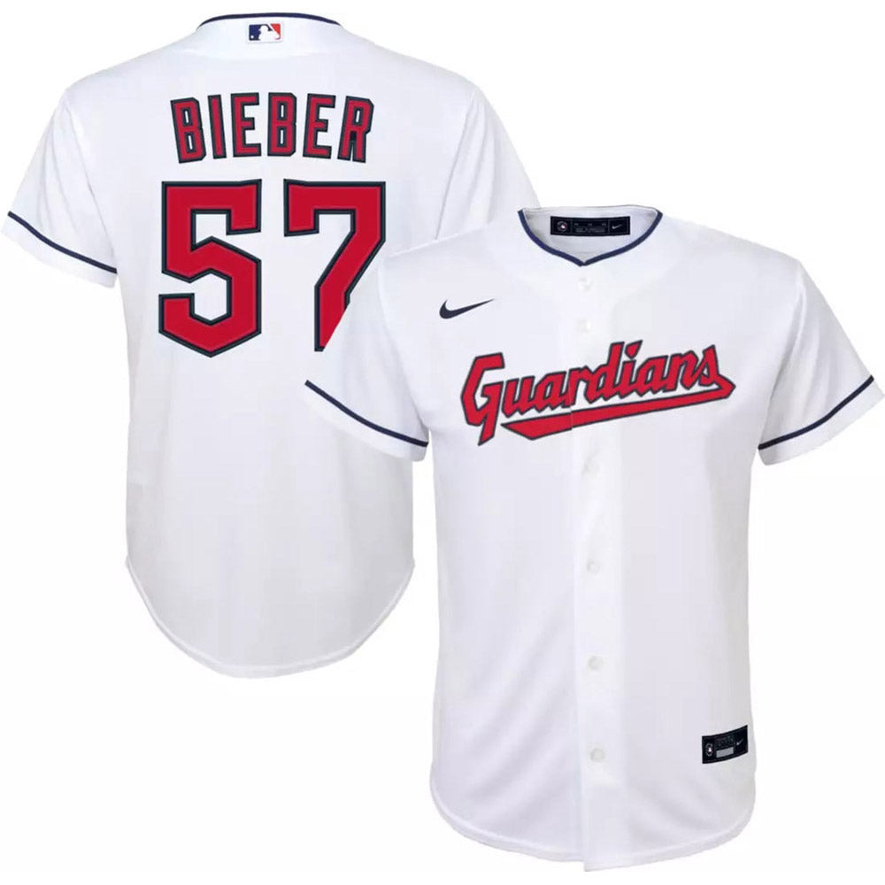 Youth Cleveland Guardians Shane Bieber Cool Base Replica Home Jersey - White - vstockx
