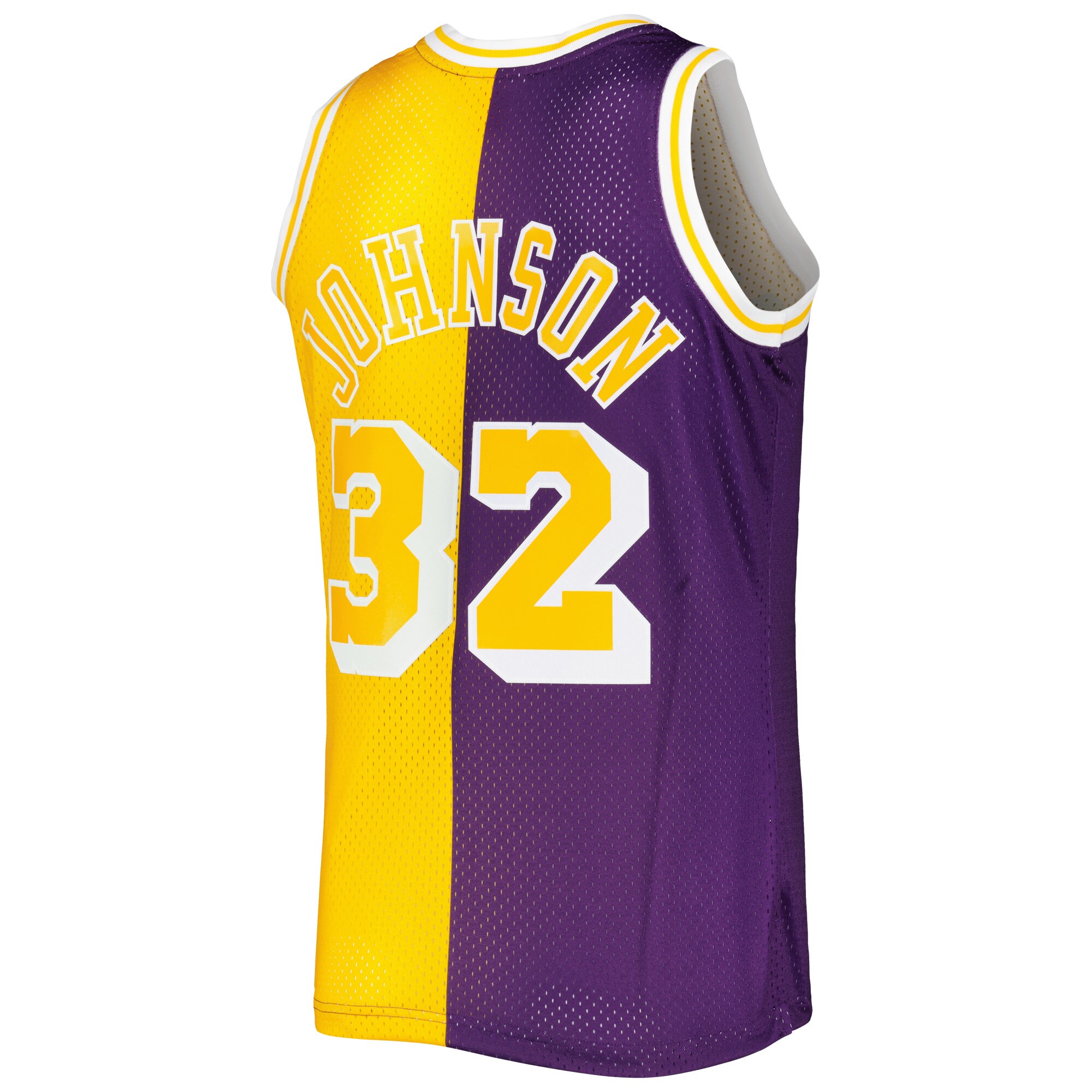 Magic Johnson Los Angeles Lakers Mitchell & Ness Hardwood Classics 1984/85 Split Swingman Jersey - Purple/Gold - vstockx