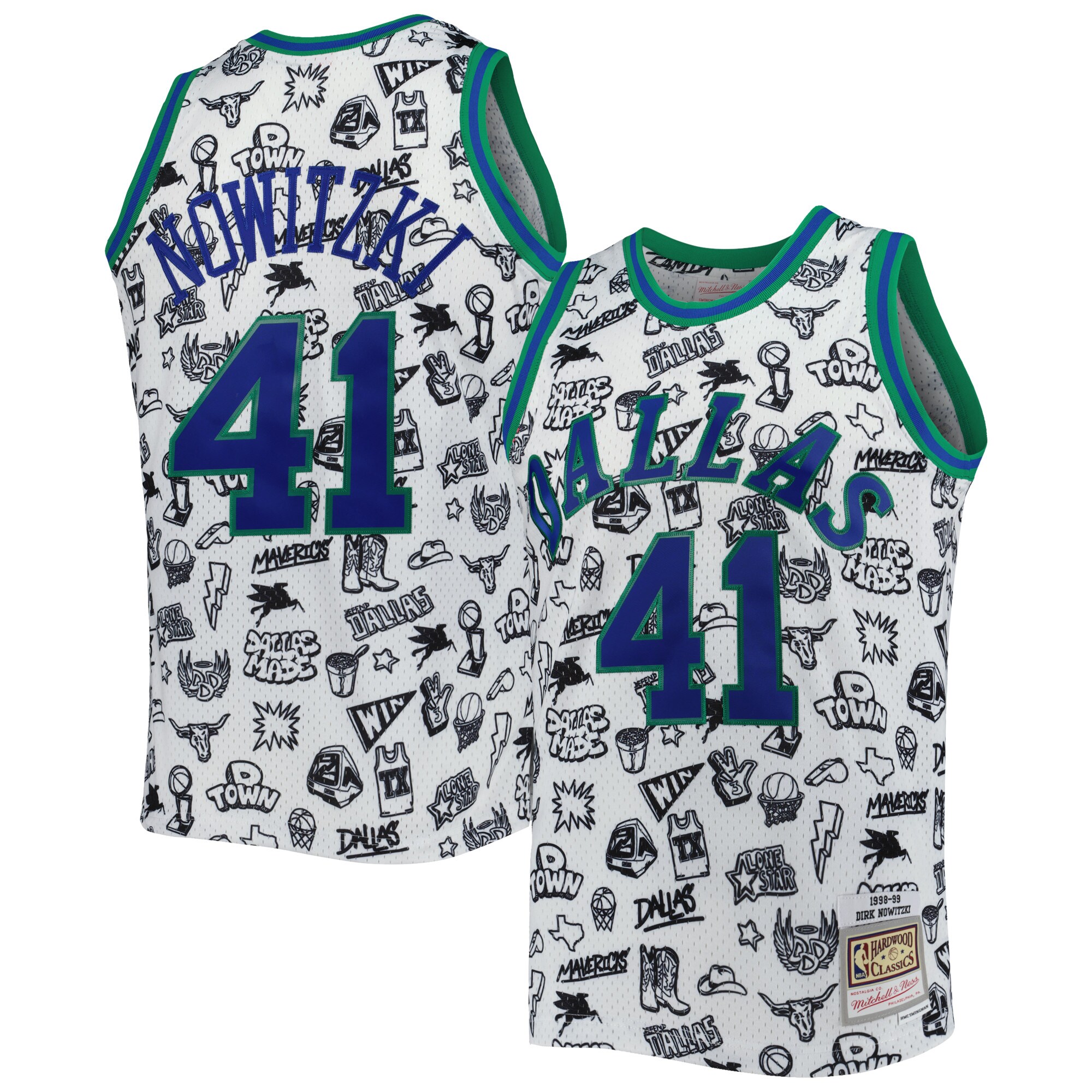 Dirk Nowitzki Dallas Mavericks Mitchell & Ness 1998/99 Hardwood Classics Doodle Swingman Jersey - White - vstockx