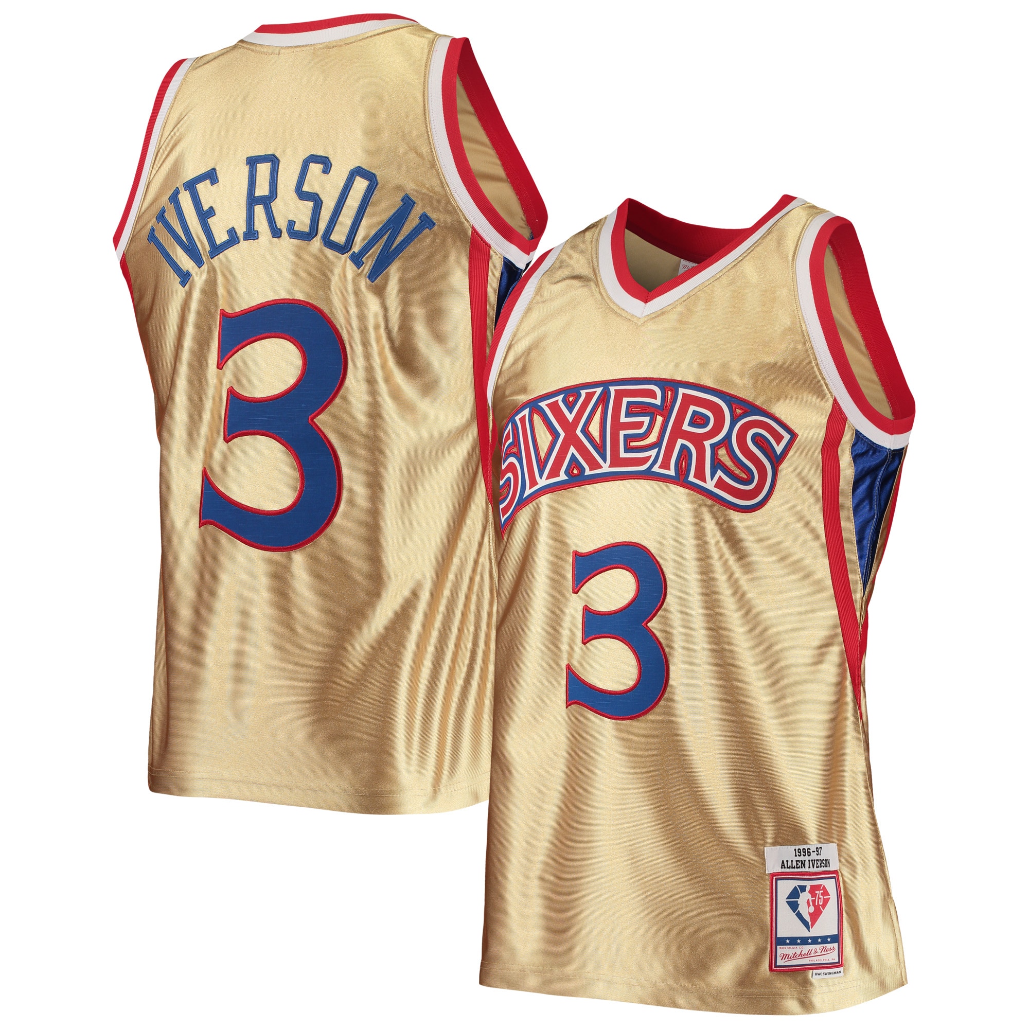 Allen Iverson Philadelphia 76ers Mitchell & Ness 75th Anniversary 1996/97 Hardwood Classics Swingman Jersey - Gold - vstockx