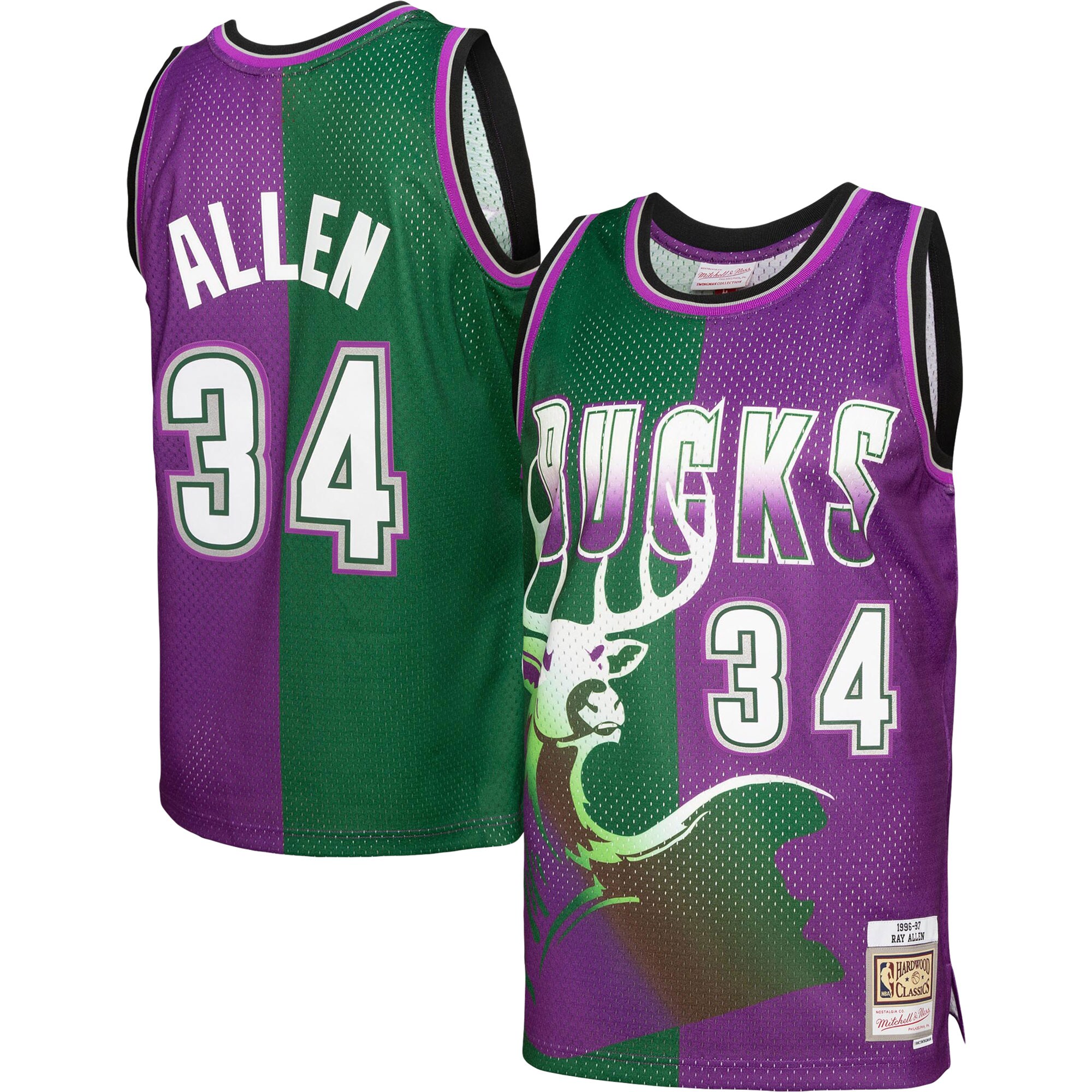 Ray Allen Milwaukee Bucks Mitchell & Ness Hardwood Classics 1996/97 Split Swingman Jersey - Green/Purple - vstockx