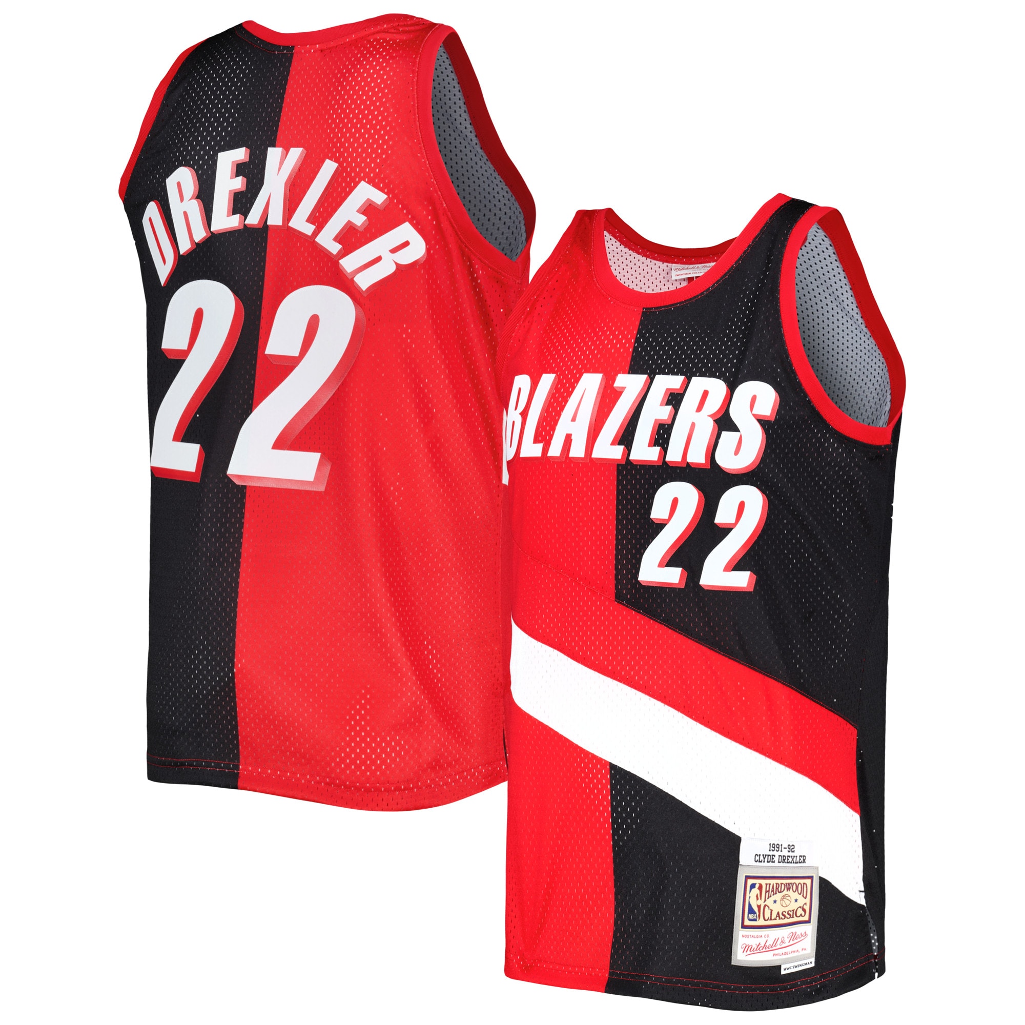 Clyde Drexler Portland Trail Blazers Mitchell & Ness Hardwood Classics 1991/92 Split Swingman Jersey - Red/Black - vstockx