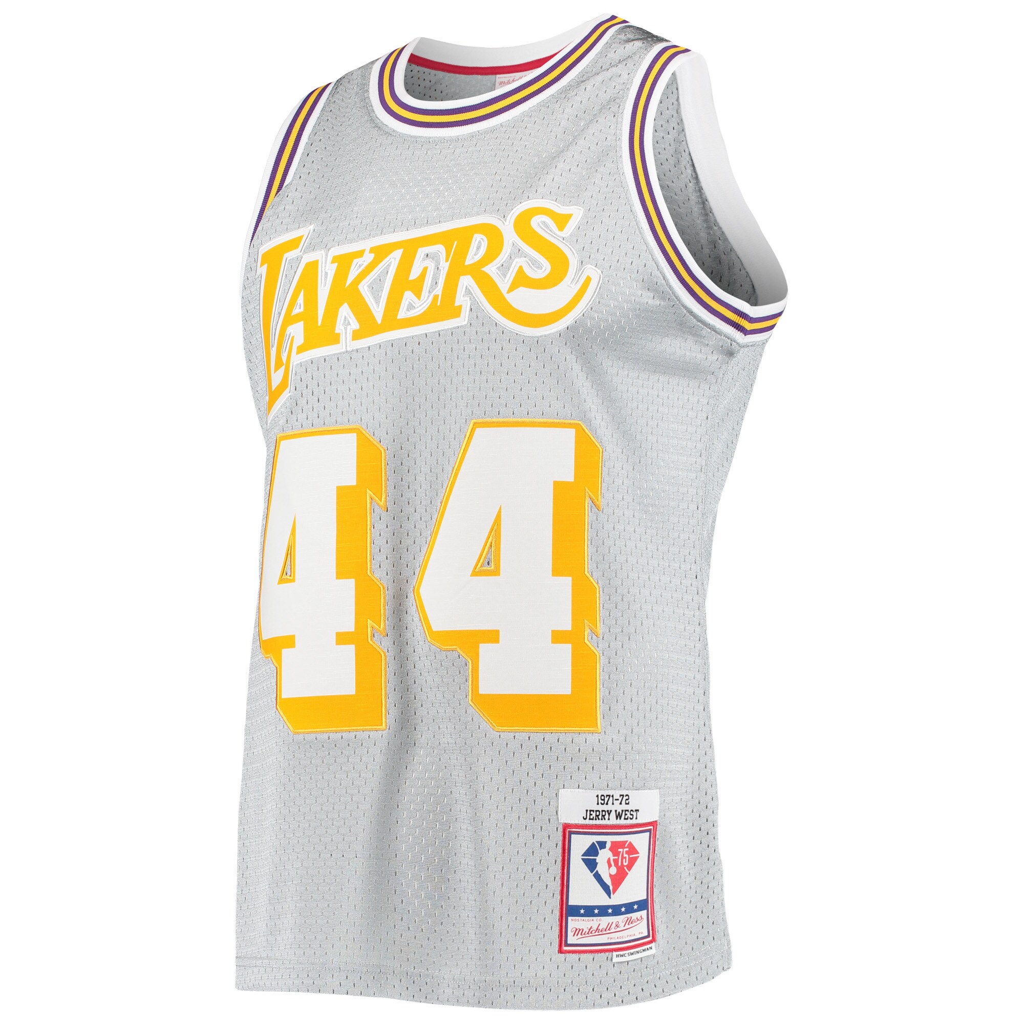 Jerry West Los Angeles Lakers Mitchell & Ness 75th Anniversary 1971/72 Hardwood Classics Swingman Jersey - Silver - vstockx