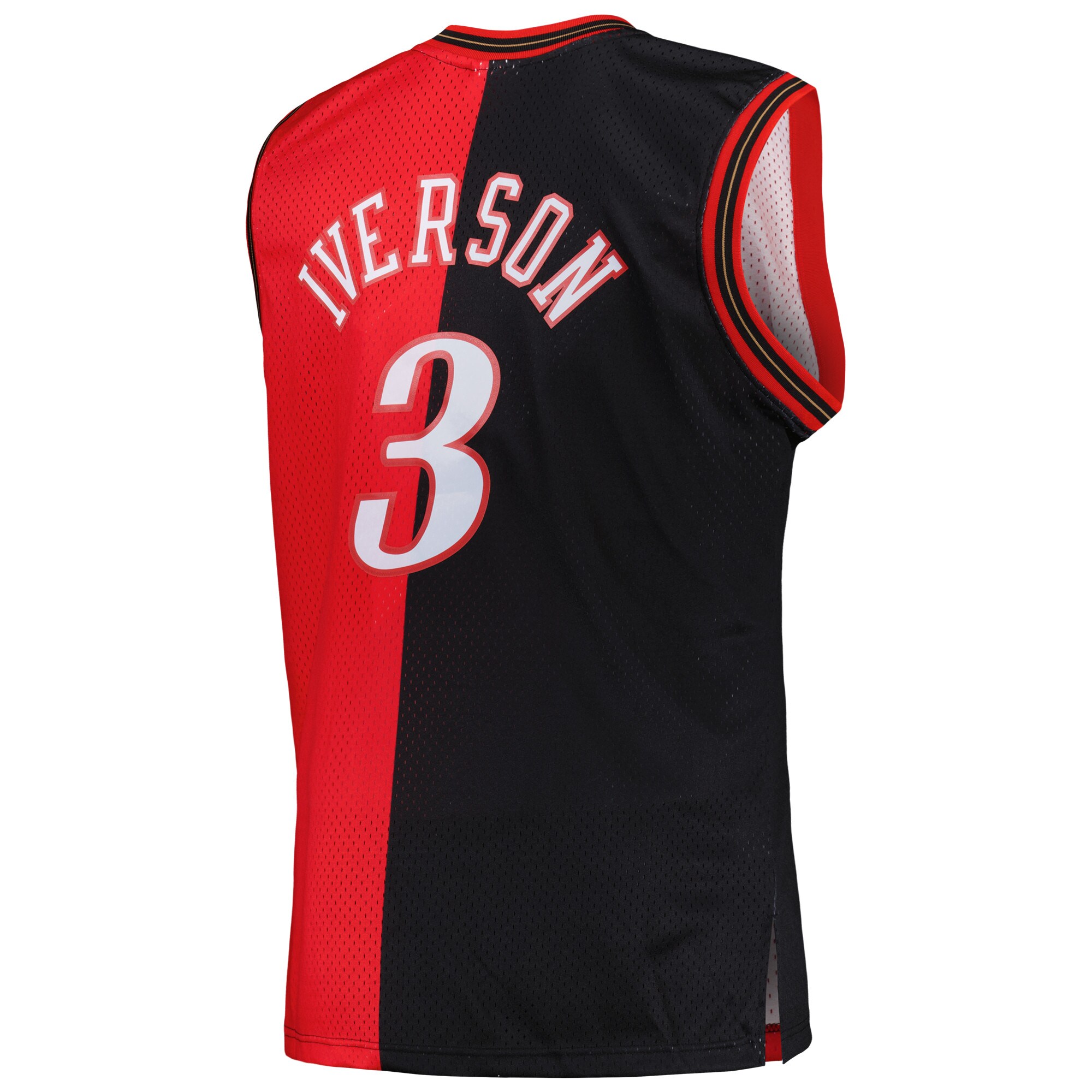 Allen Iverson Philadelphia 76ers Mitchell & Ness Big & Tall Hardwood Classics 2000/01 Split Swingman Jersey - Black/Red - vstockx
