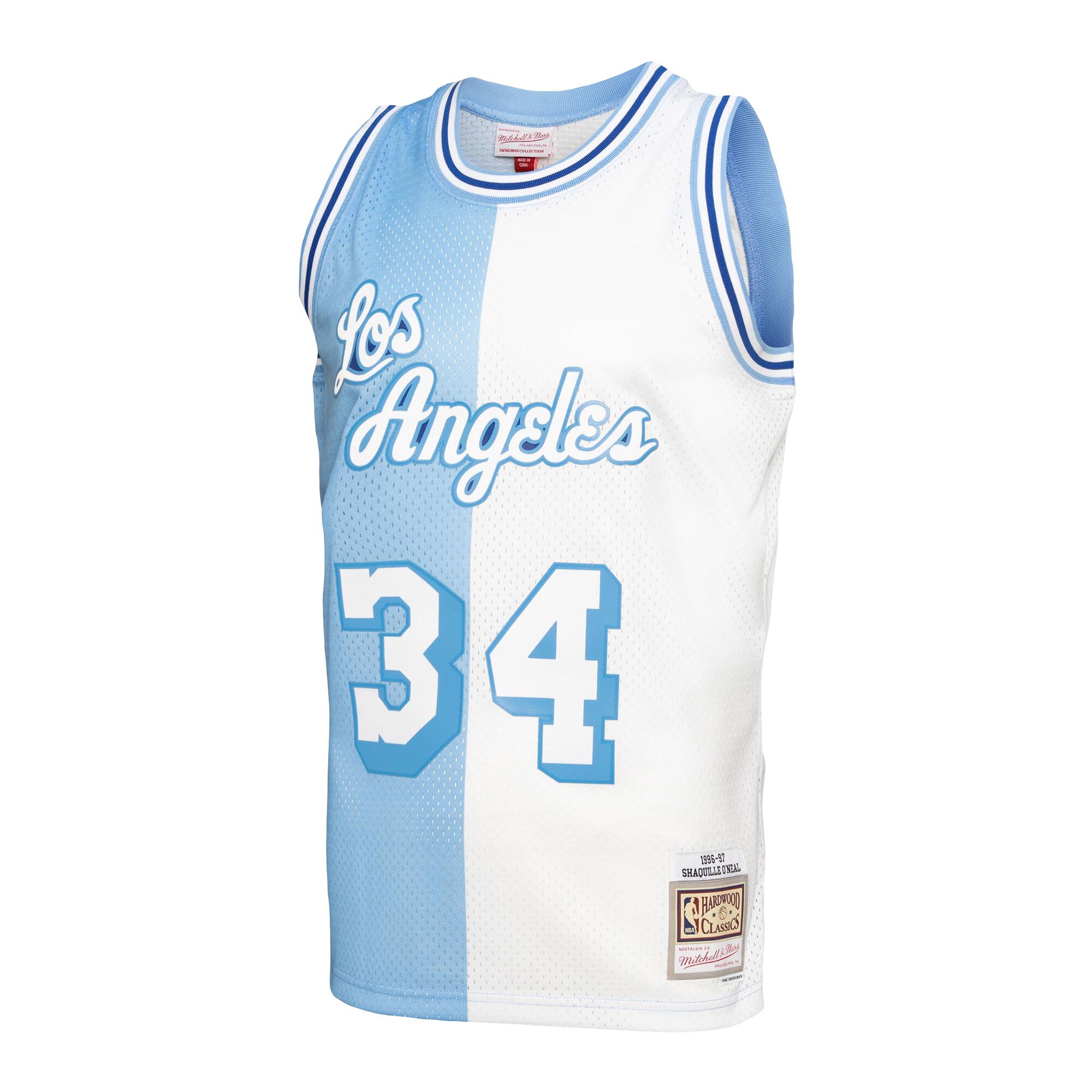 Shaquille O'Neal Los Angeles Lakers Mitchell & Ness Big & Tall Hardwood Classics 1996/97 Split Swingman Jersey - Powder Blue/White - vstockx