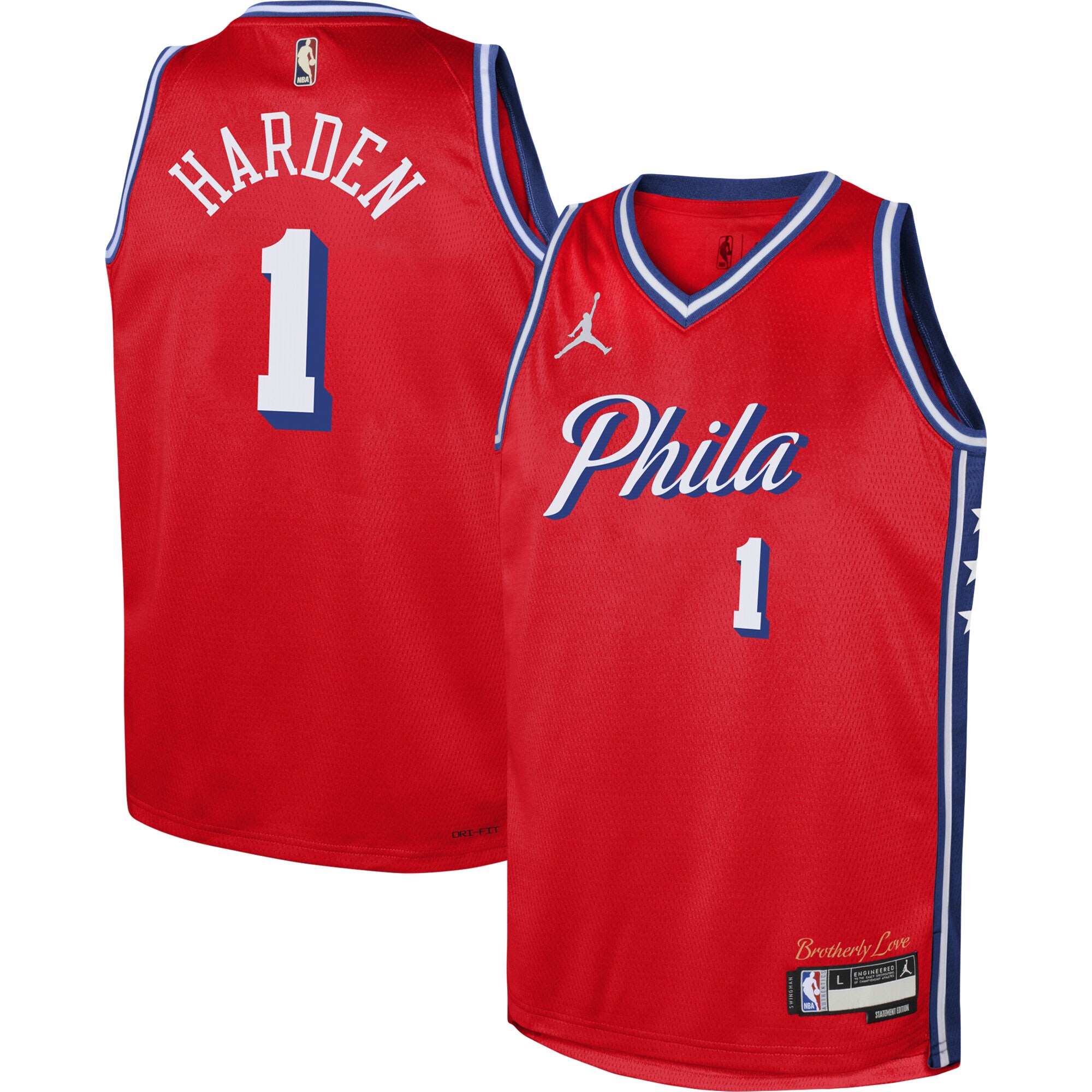 James Harden Philadelphia 76ers Jordans Brand Youth Swingman Jersey - Statement Edition - Red - vstockx