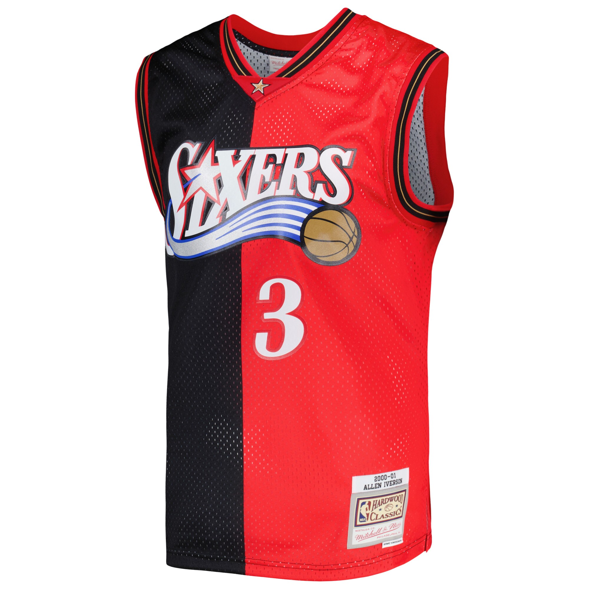 Allen Iverson Philadelphia 76ers Mitchell & Ness Hardwood Classics 2000/01 Split Swingman Jersey - Black/Red - vstockx