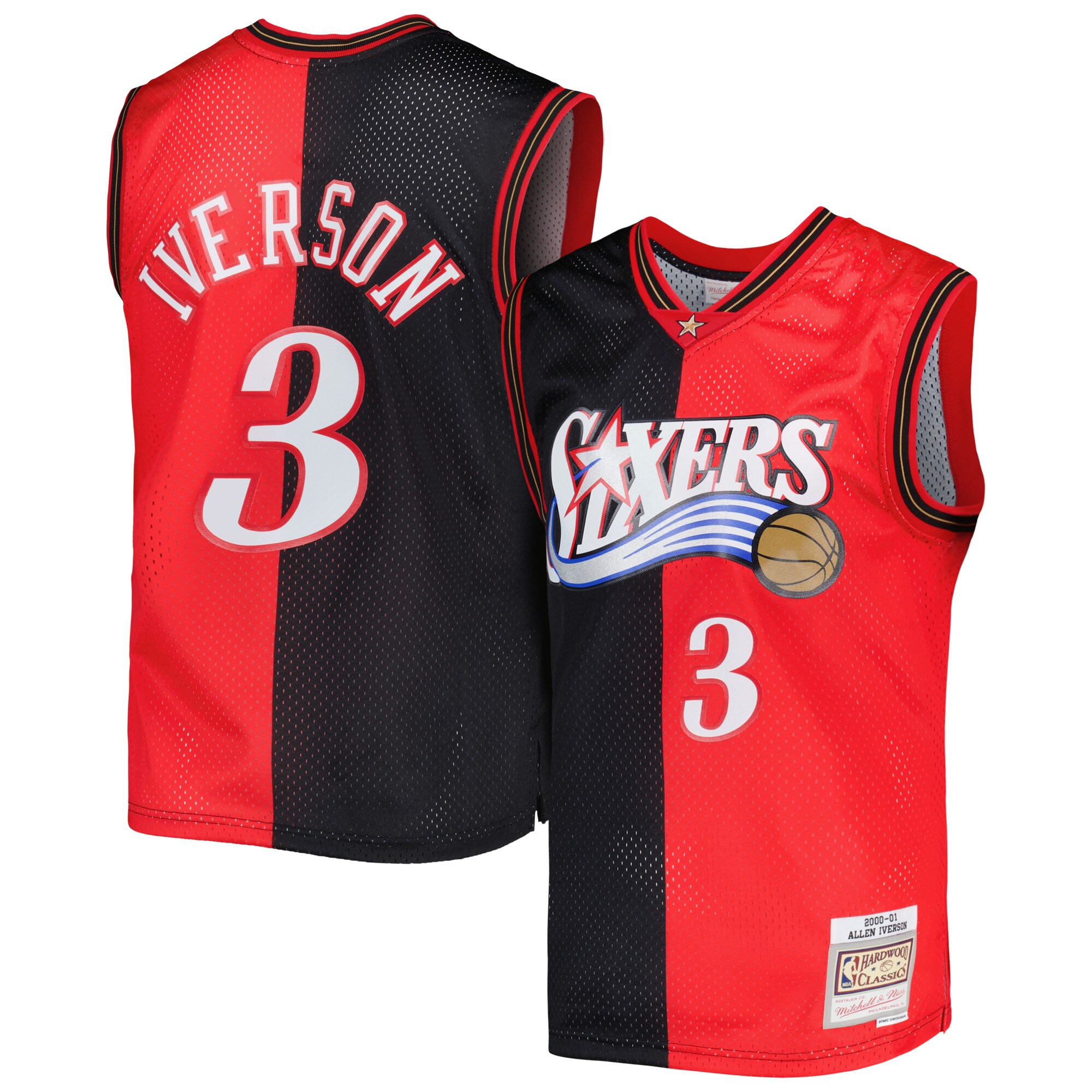 Allen Iverson Philadelphia 76ers Mitchell & Ness Hardwood Classics 2000/01 Split Swingman Jersey - Black/Red - vstockx