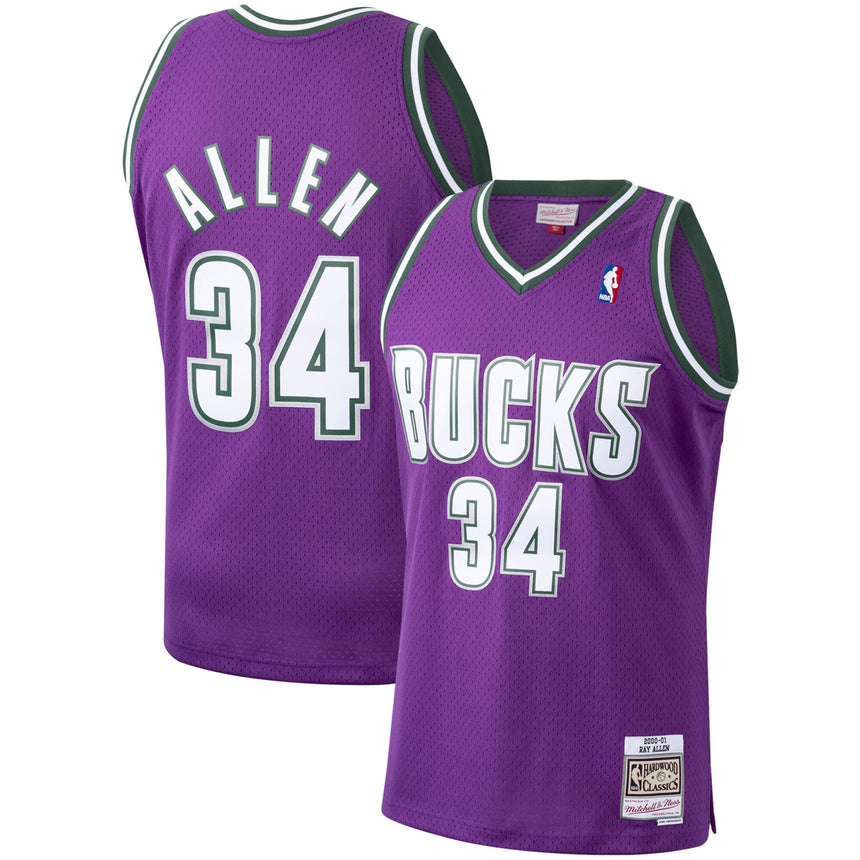 Men's Mitchell & Ness Ray Allen Milwaukee Bucks Purple 2000-01 Hardwood Classics Swingman Jersey - vstockx