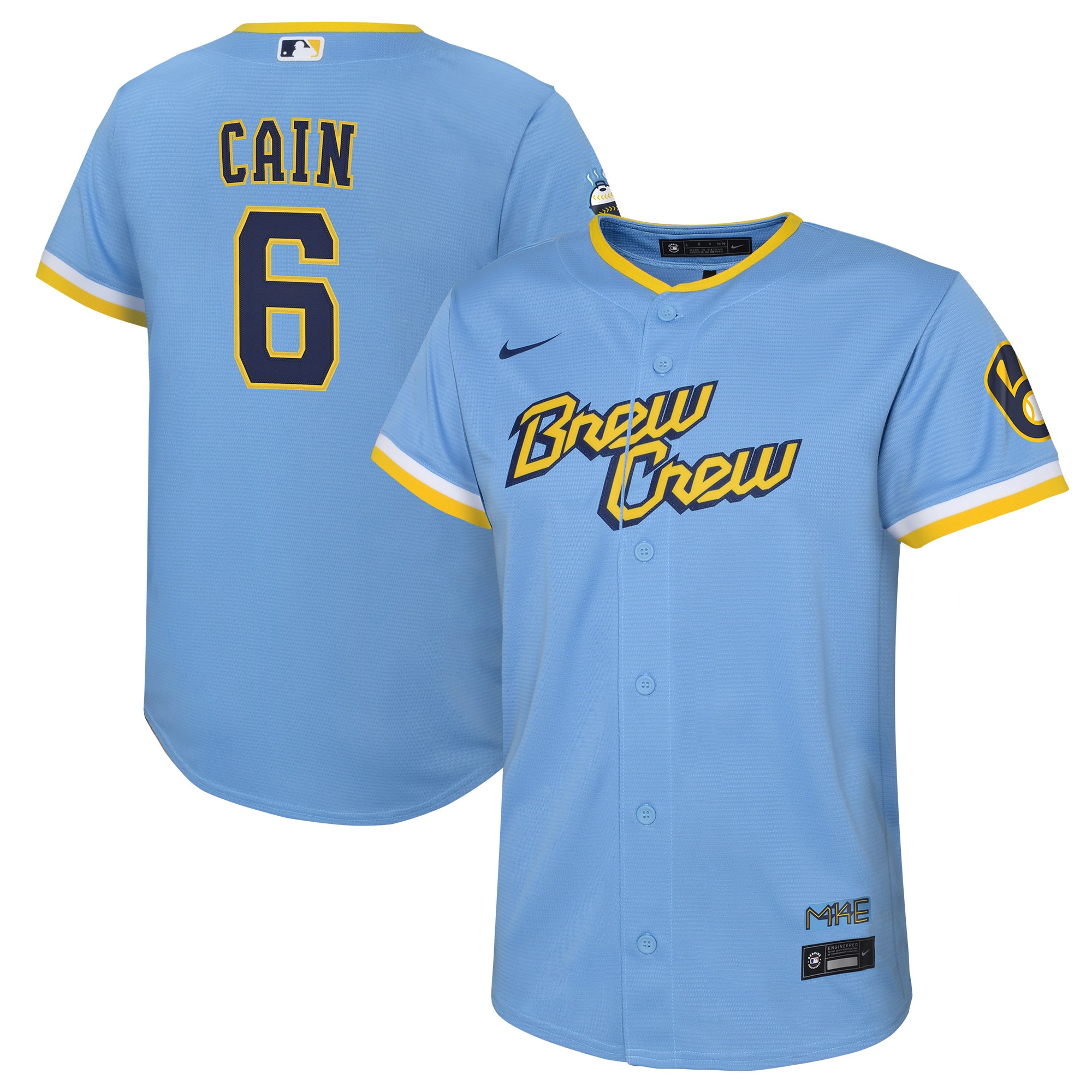 Lorenzo Cain Milwaukee Brewers Nike Youth 2022 City Connect Replica Player Jersey - Powder Blue - vstockx