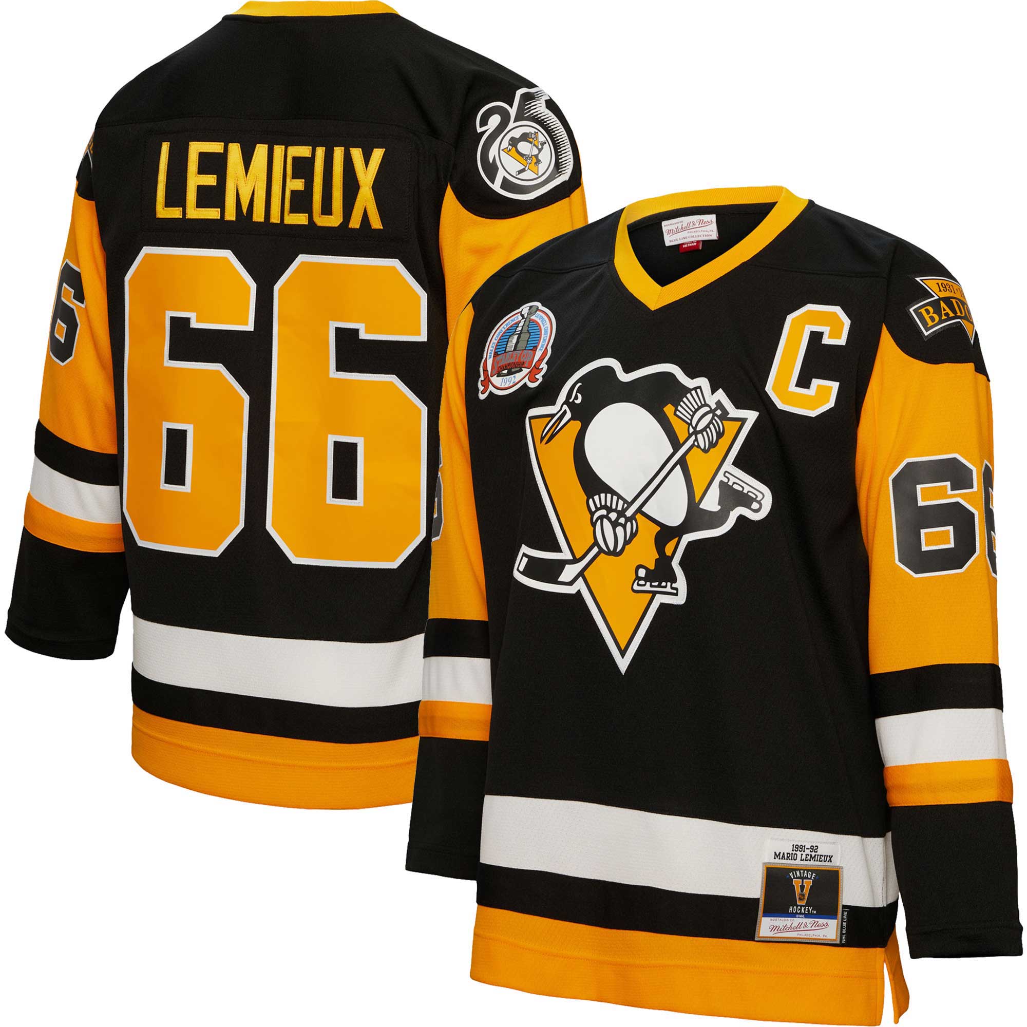 Mario Lemieux Pittsburgh Penguins Mitchell & Ness 1991/92 Captain Patch Blue Line Player Jersey - Black - vstockx