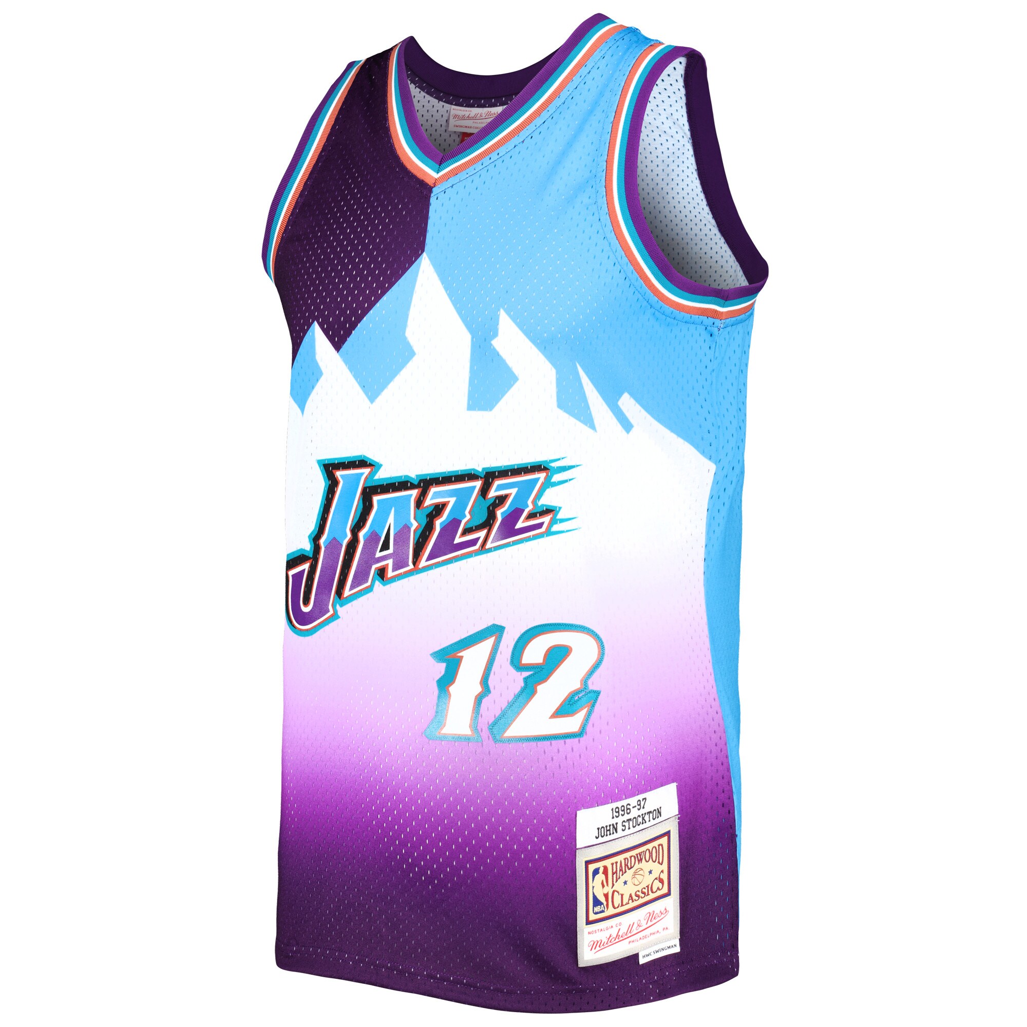 John Stockton Utah Jazz Mitchell & Ness Hardwood Classics 1996/97 Split Swingman Jersey - Purple/Turquoise - vstockx
