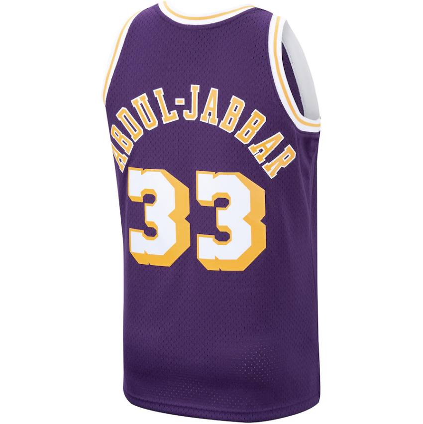 Men's Los Angeles Lakers Kareem Abdul-Jabbar Mitchell & Ness Purple 1983-84 Hardwood Classics Swingman Jersey - vstockx