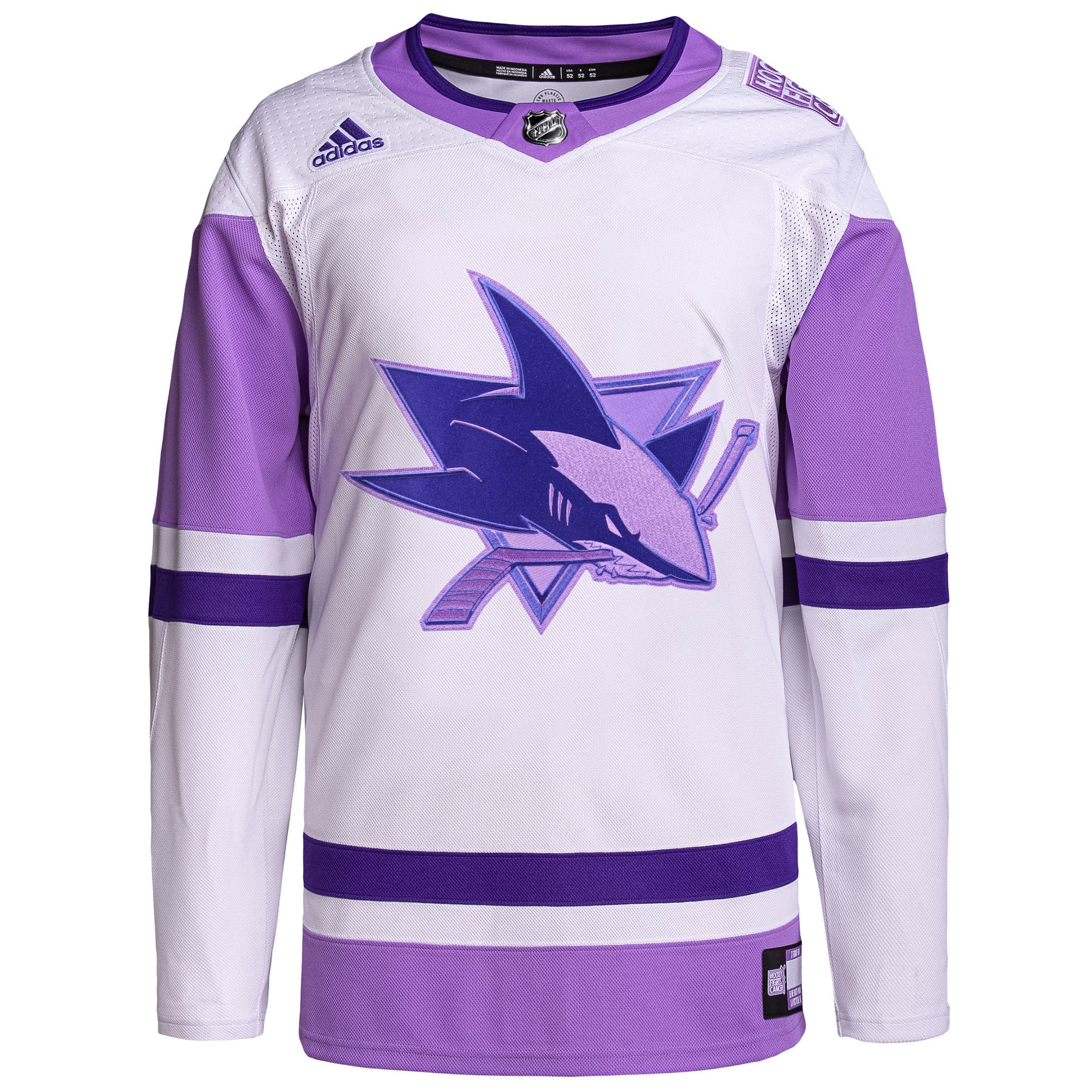 San Jose Sharks adidas Hockey Fights Cancer Primegreen Authentic Custom Jersey - White/Purple - vstockx