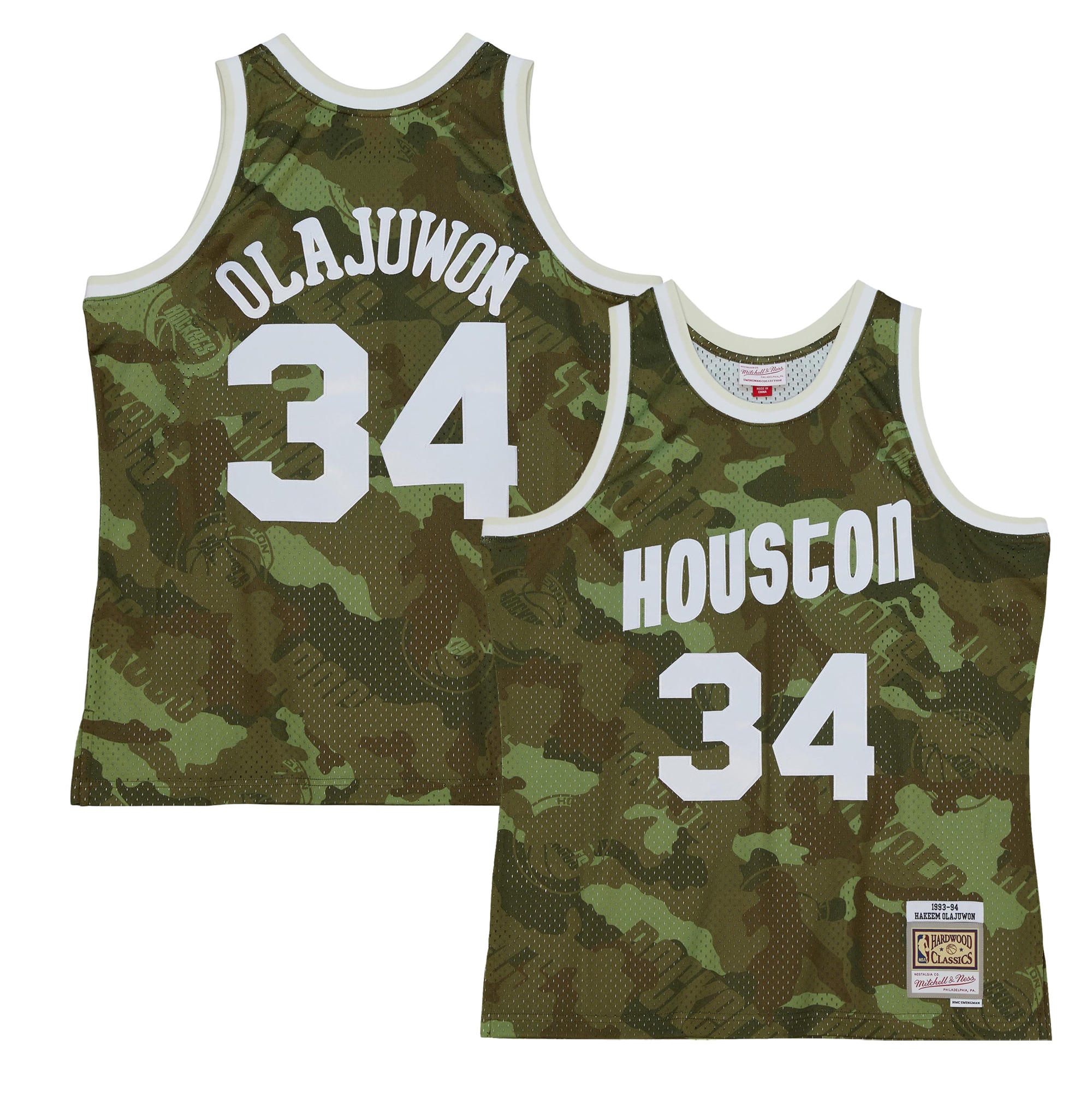 Hakeem Olajuwon Houston Rockets Mitchell & Ness Hardwood Classics 1993/94 Ghost Green Swingman Jersey - Camo - vstockx