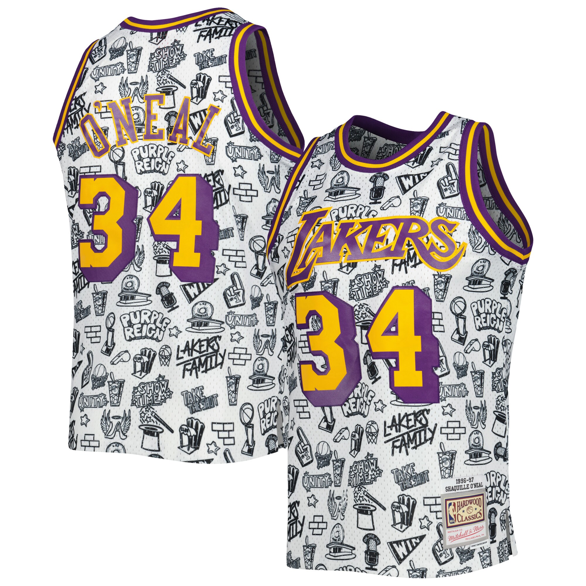 Shaquille O'Neal Los Angeles Lakers Mitchell & Ness 1996/97 Hardwood Classics Doodle Swingman Jersey - White - vstockx