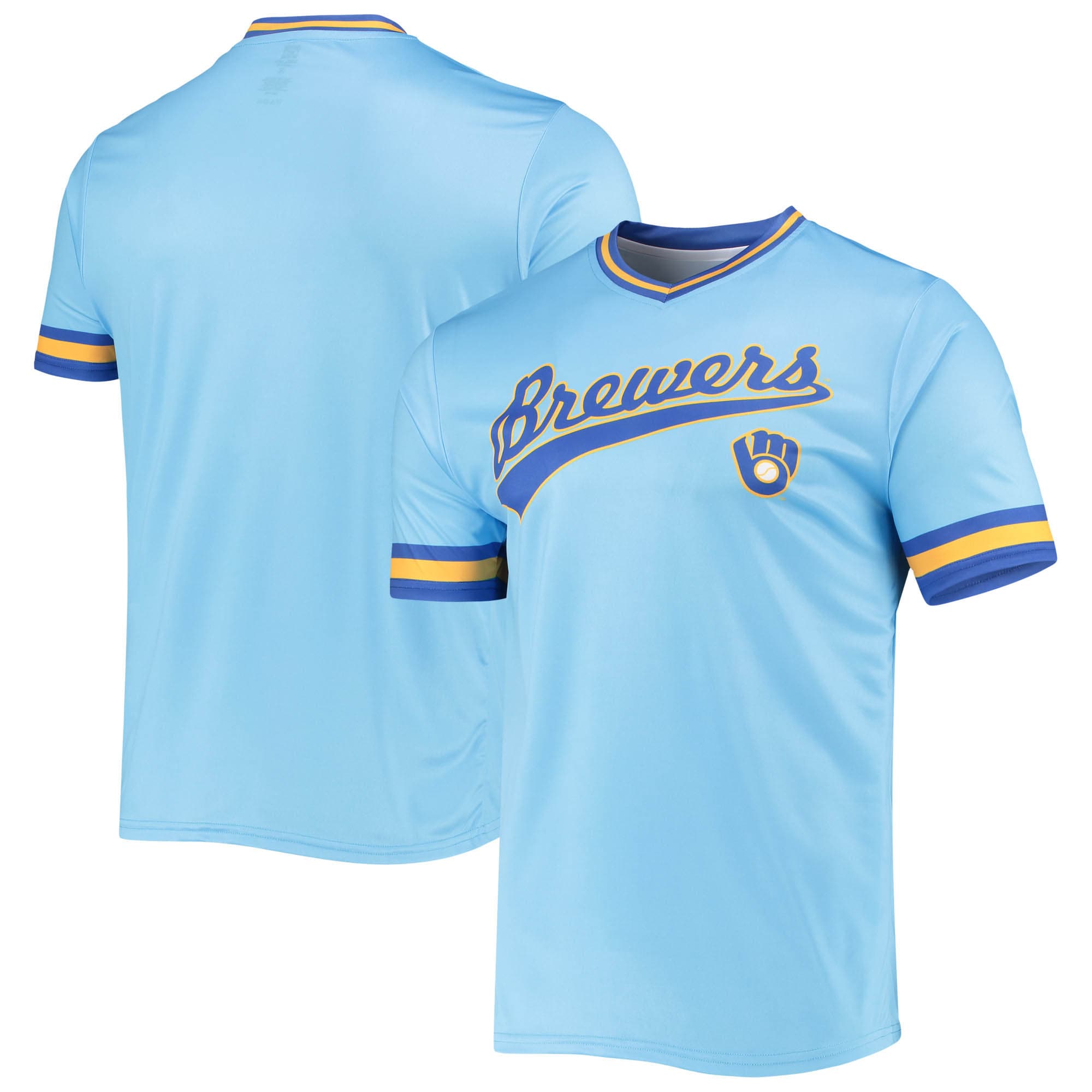 Milwaukee Brewers Stitches Cooperstown Collection V-Neck Team Color Jersey - Powder Blue/Royal - vstockx