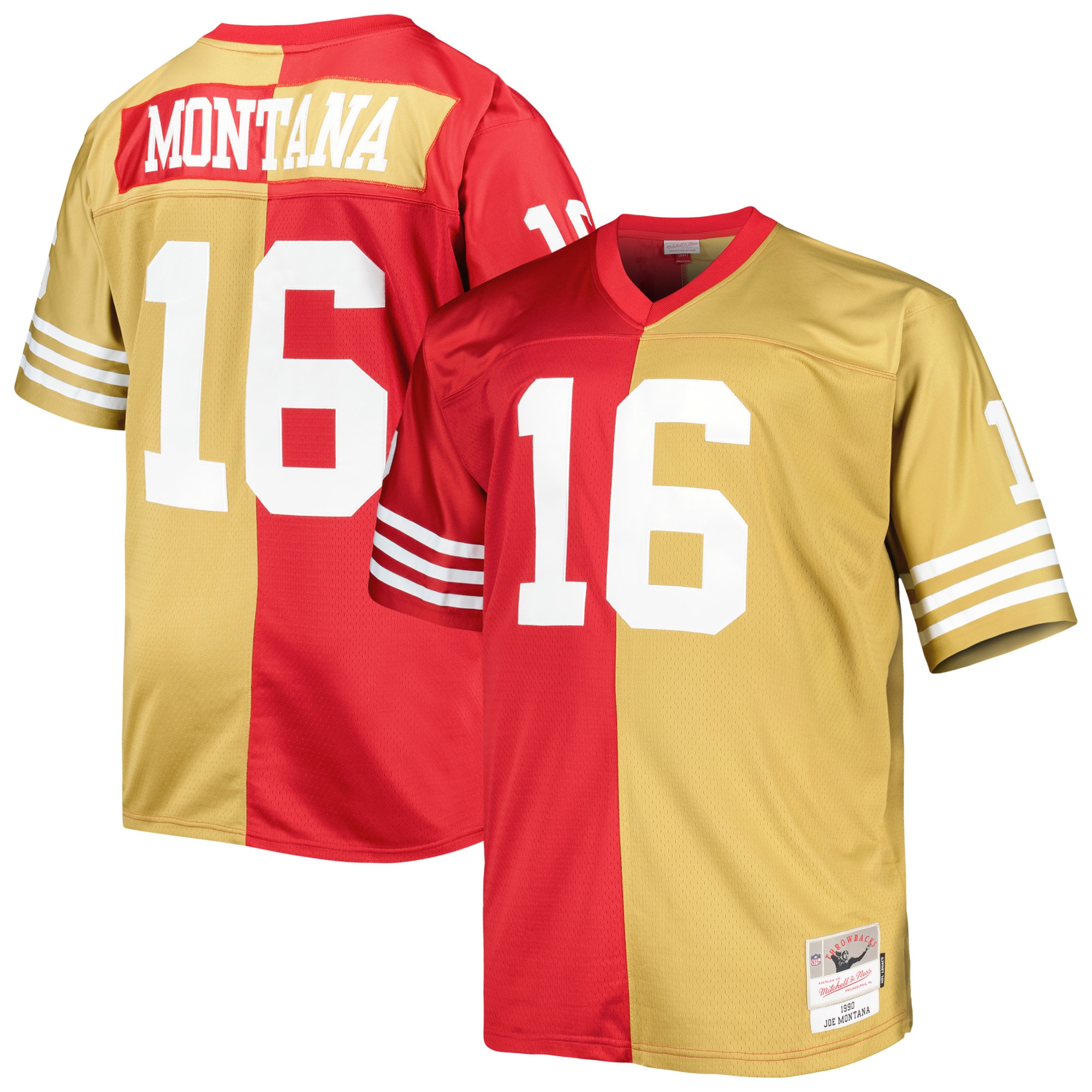 Joe Montana San Francisco 49ers Mitchell & Ness Big & Tall Split Legacy Retired Player Replica Jersey - Scarlet/Gold - vstockx