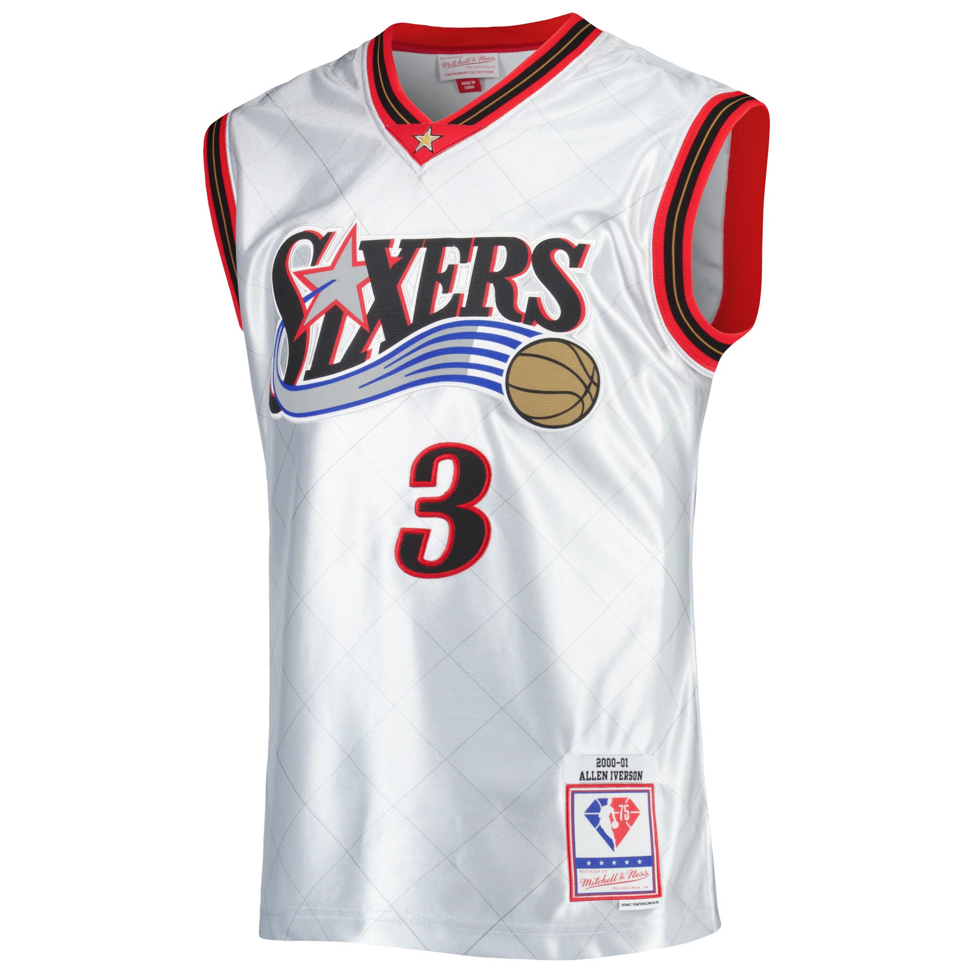 Allen Iverson Philadelphia 76ers Mitchell & Ness 2000/01 Hardwood Classics 75th Anniversary Swingman Jersey - Platinum - vstockx