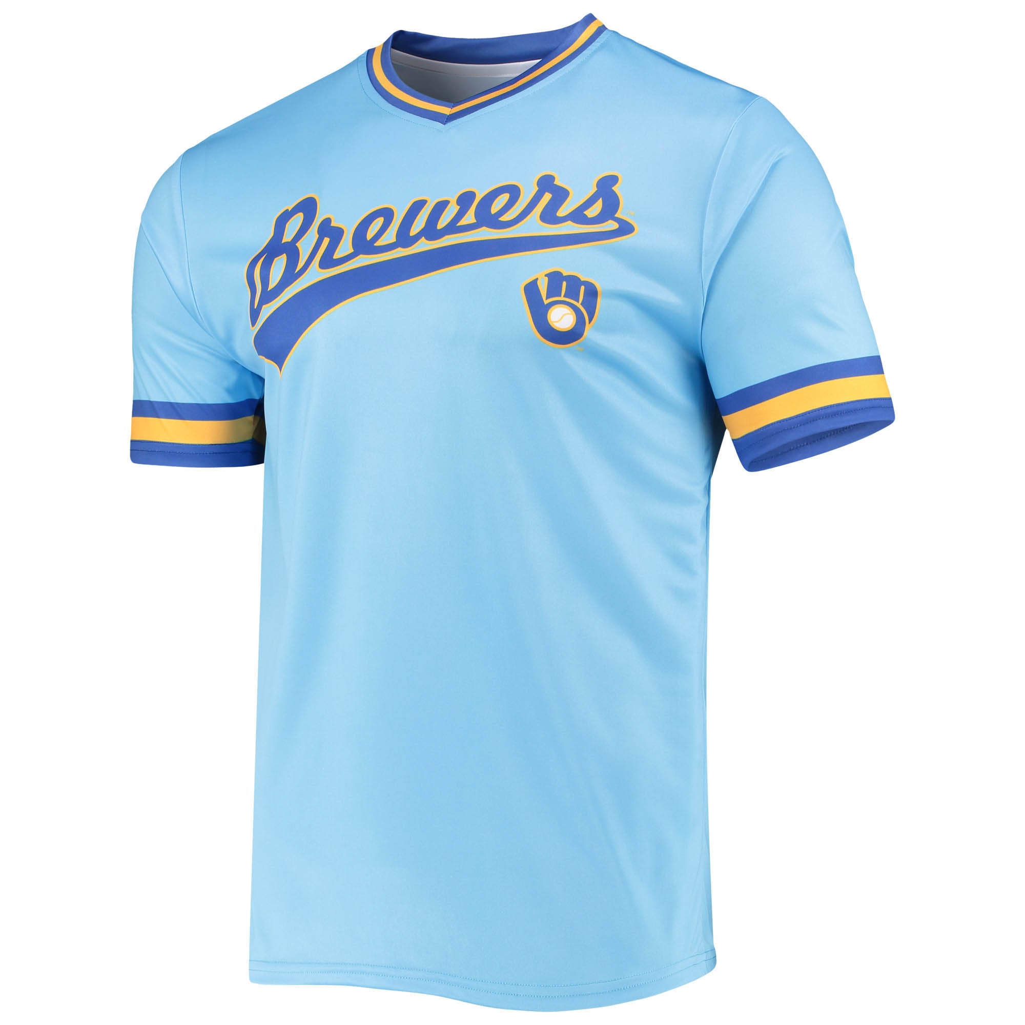 Milwaukee Brewers Stitches Cooperstown Collection V-Neck Team Color Jersey - Powder Blue/Royal - vstockx